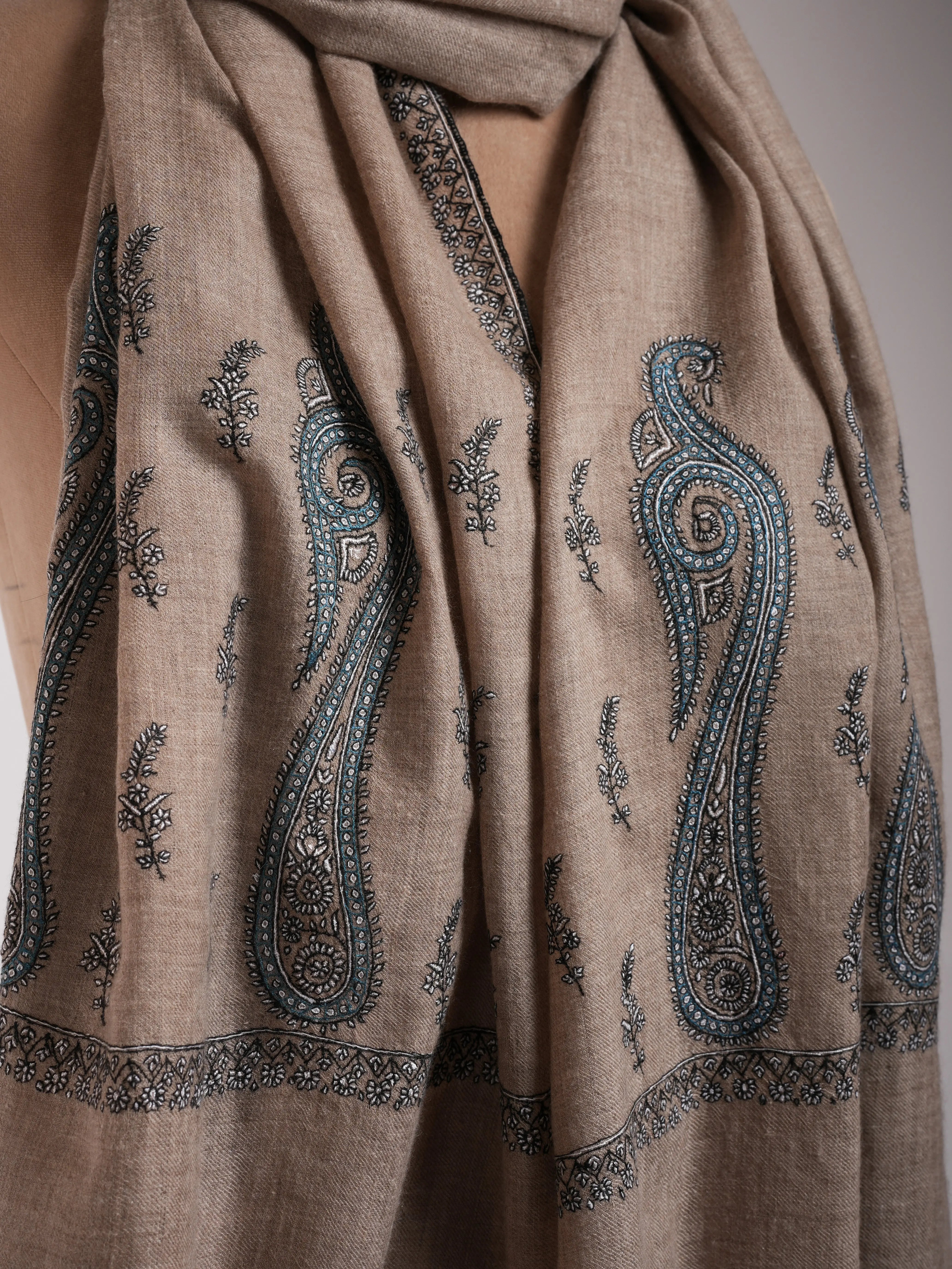 Natural Grey Palla Embroidered Featherlight Cashmere Scarf Shahkaar