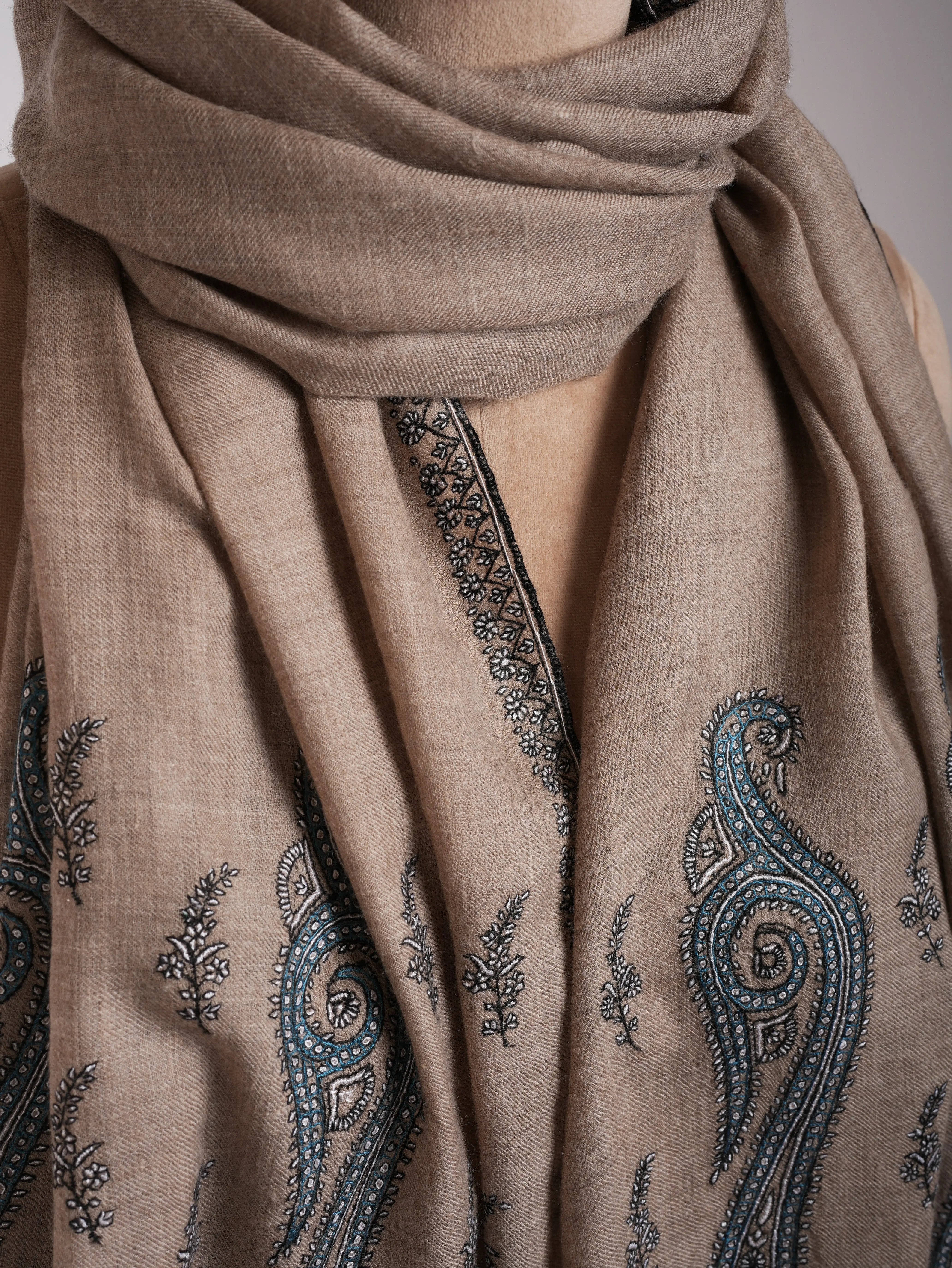 Natural Grey Palla Embroidered Featherlight Cashmere Scarf Shahkaar