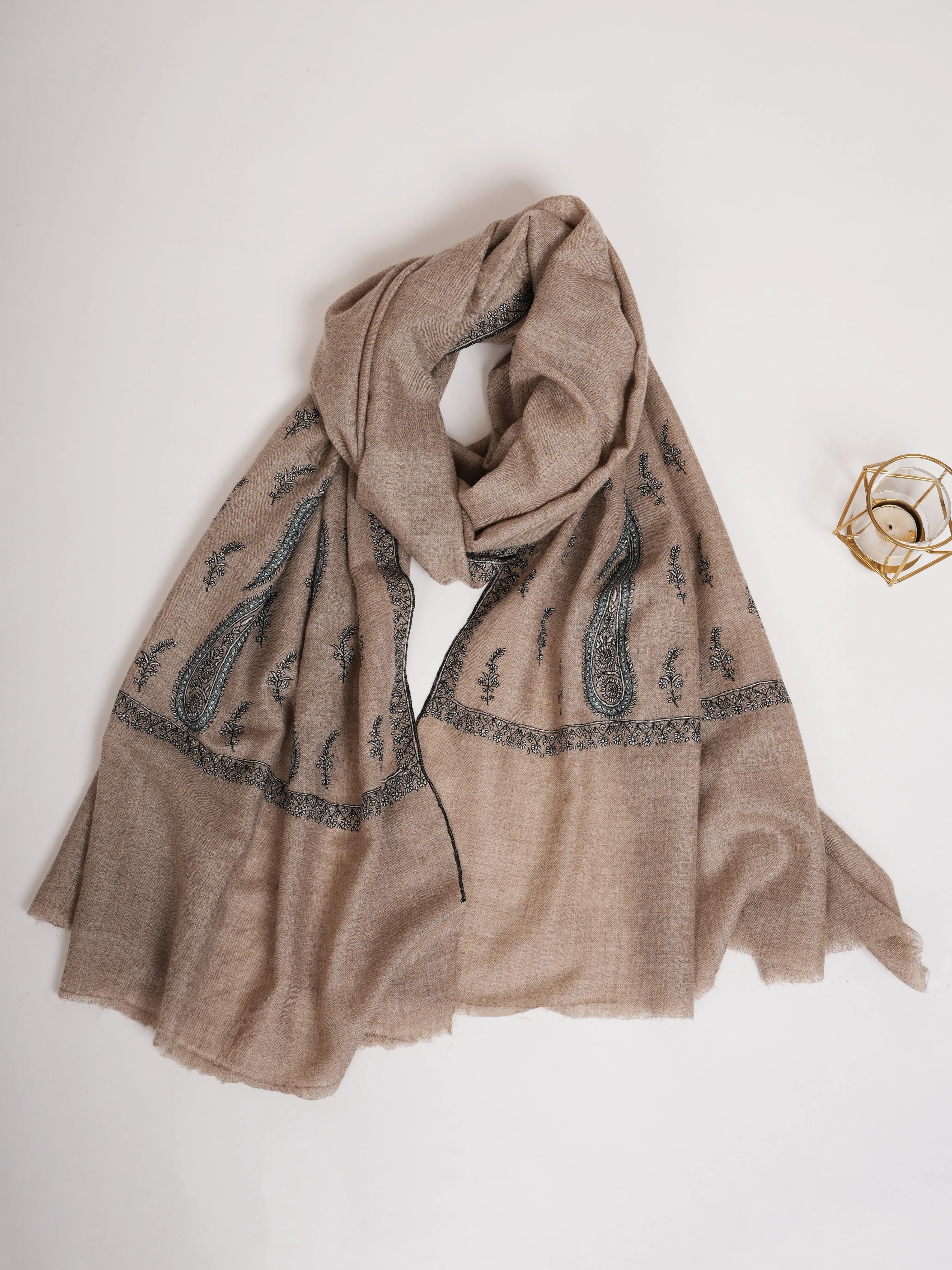 Natural Grey Palla Embroidered Featherlight Cashmere Scarf Shahkaar