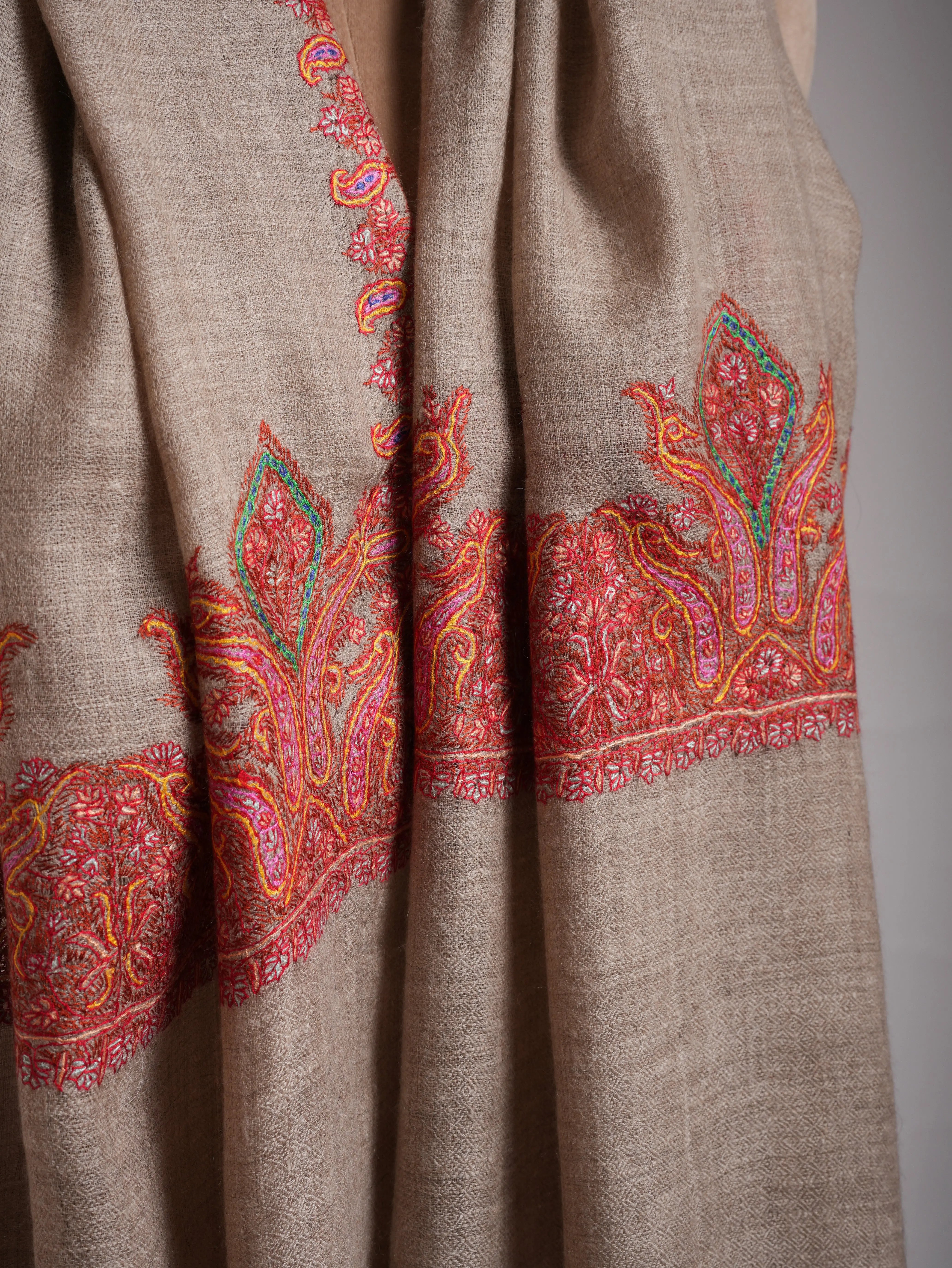 Natural Grey Palla Embroidered Pashmina Stole Shahkaar