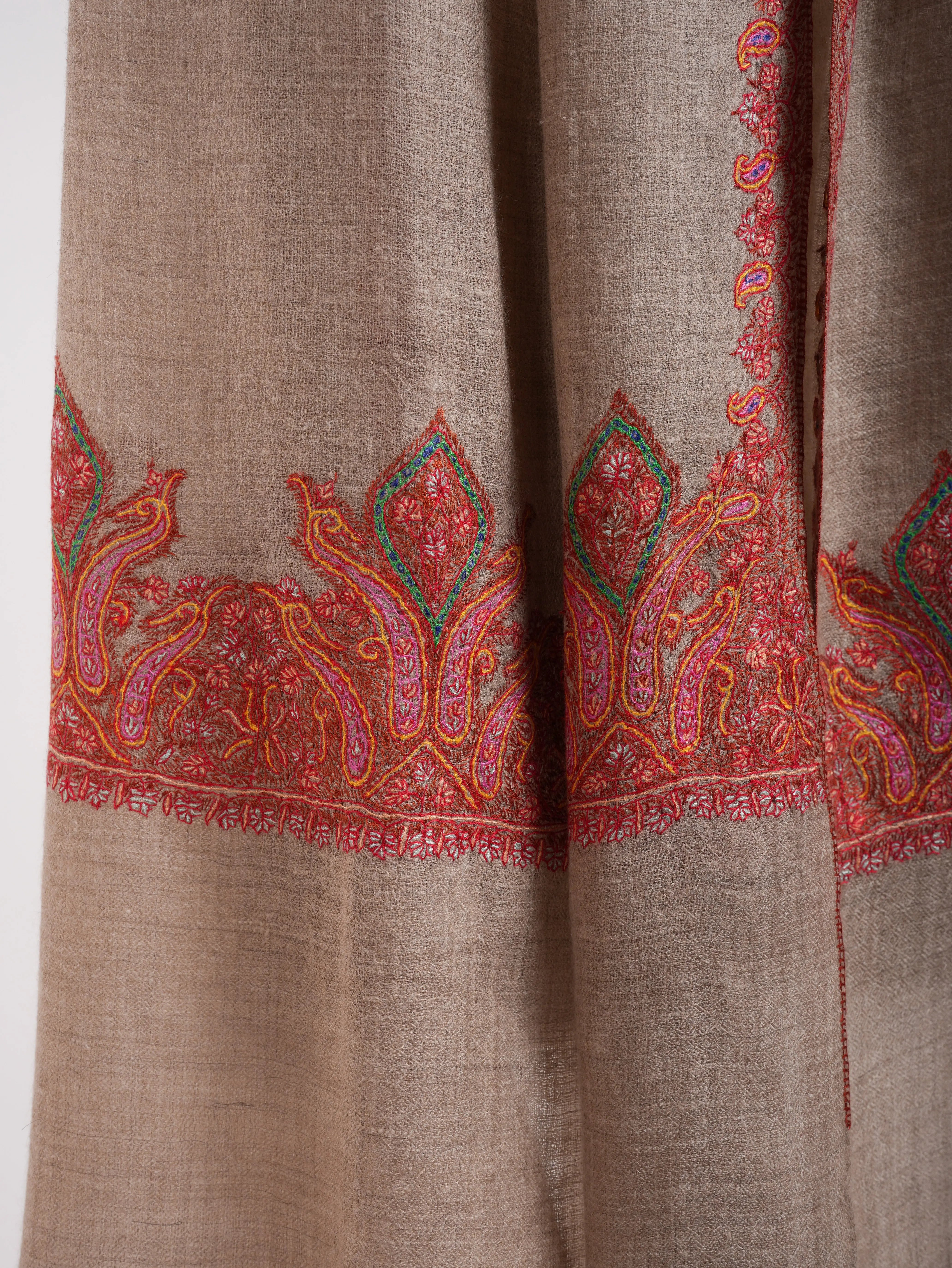 Natural Grey Palla Embroidered Pashmina Stole Shahkaar
