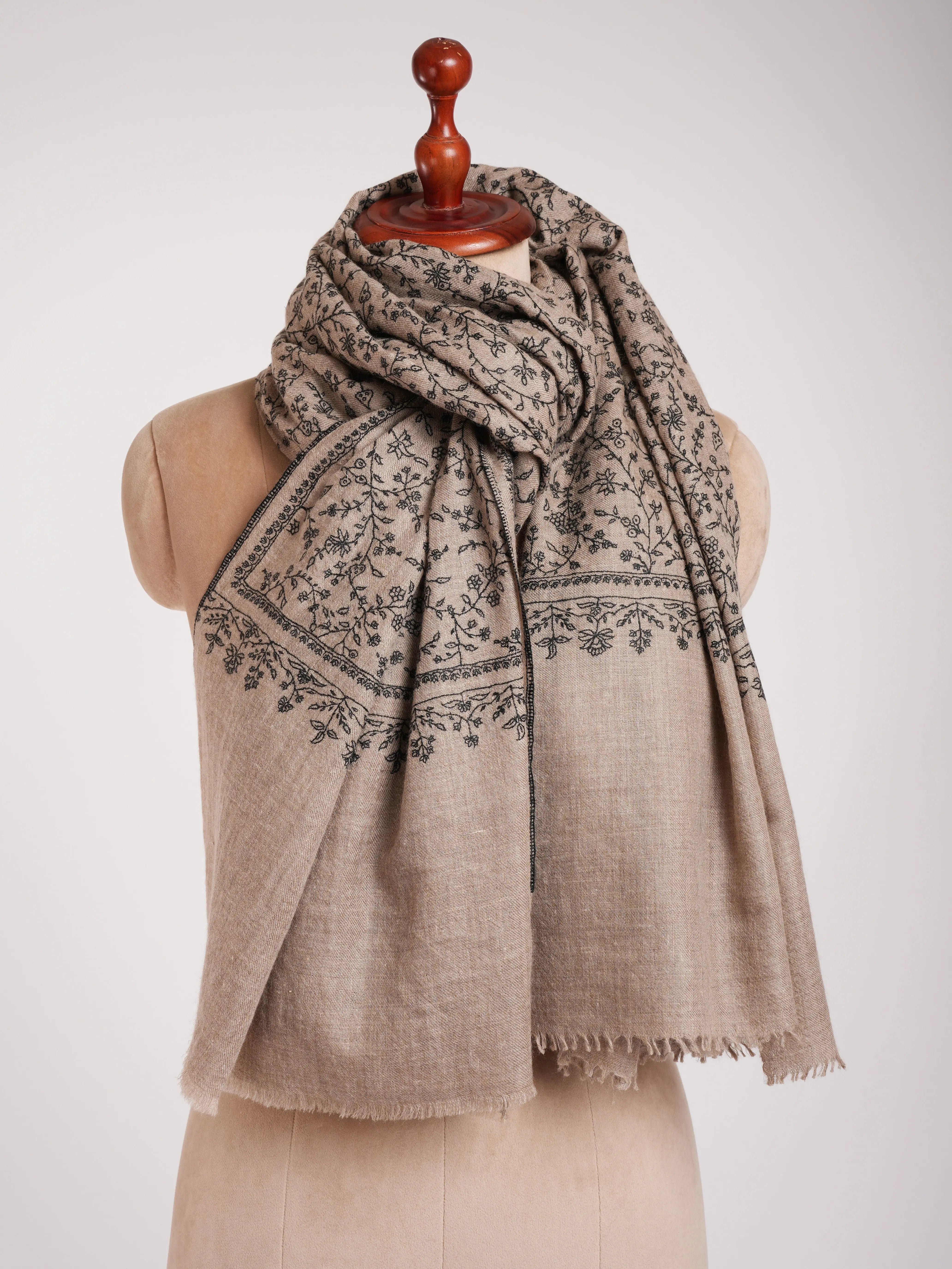 Natural Grey Pashmina Shawl with Black Sozni Embroidery Shahkaar