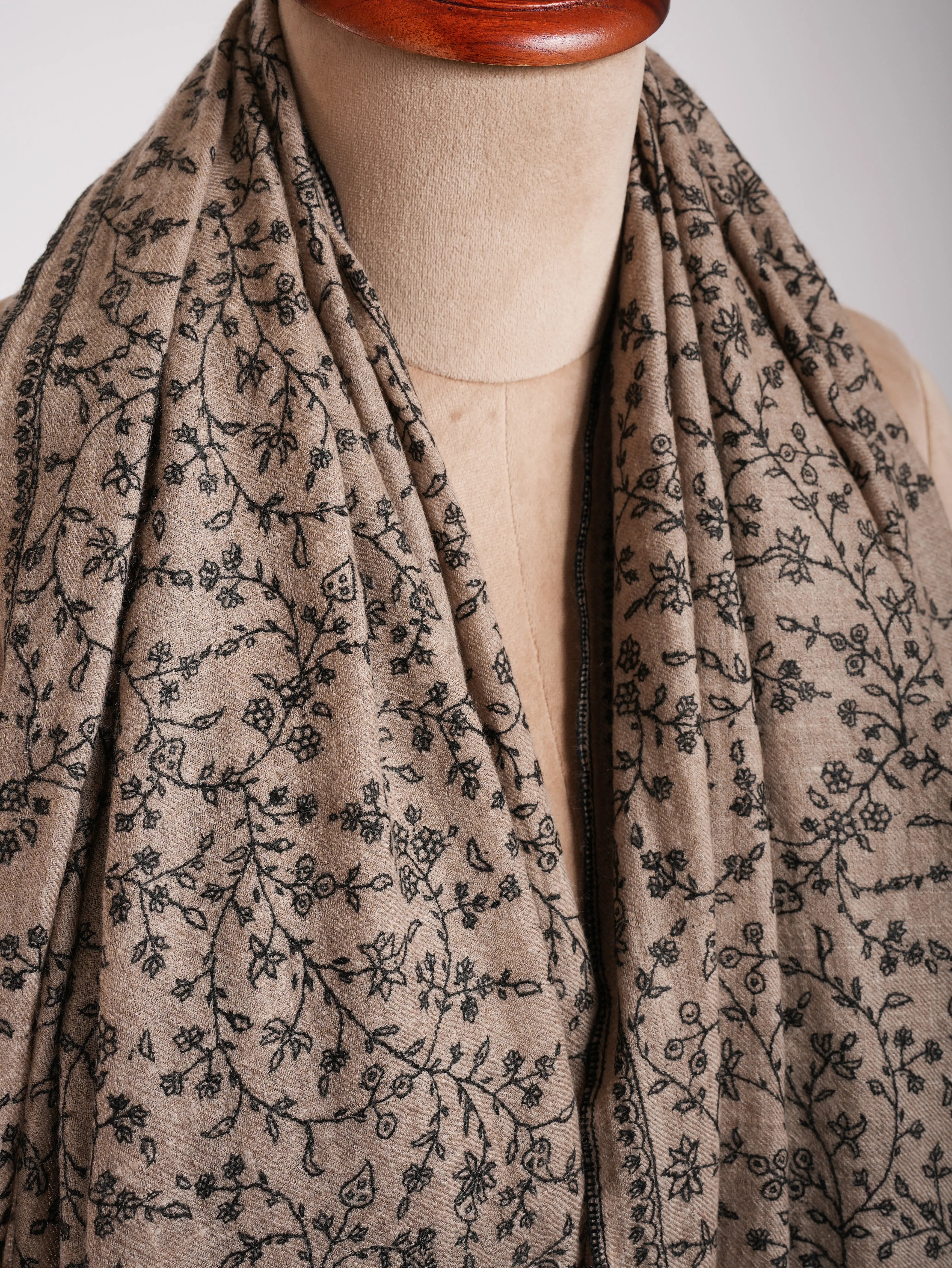 Natural Grey Pashmina Shawl with Black Sozni Embroidery Shahkaar