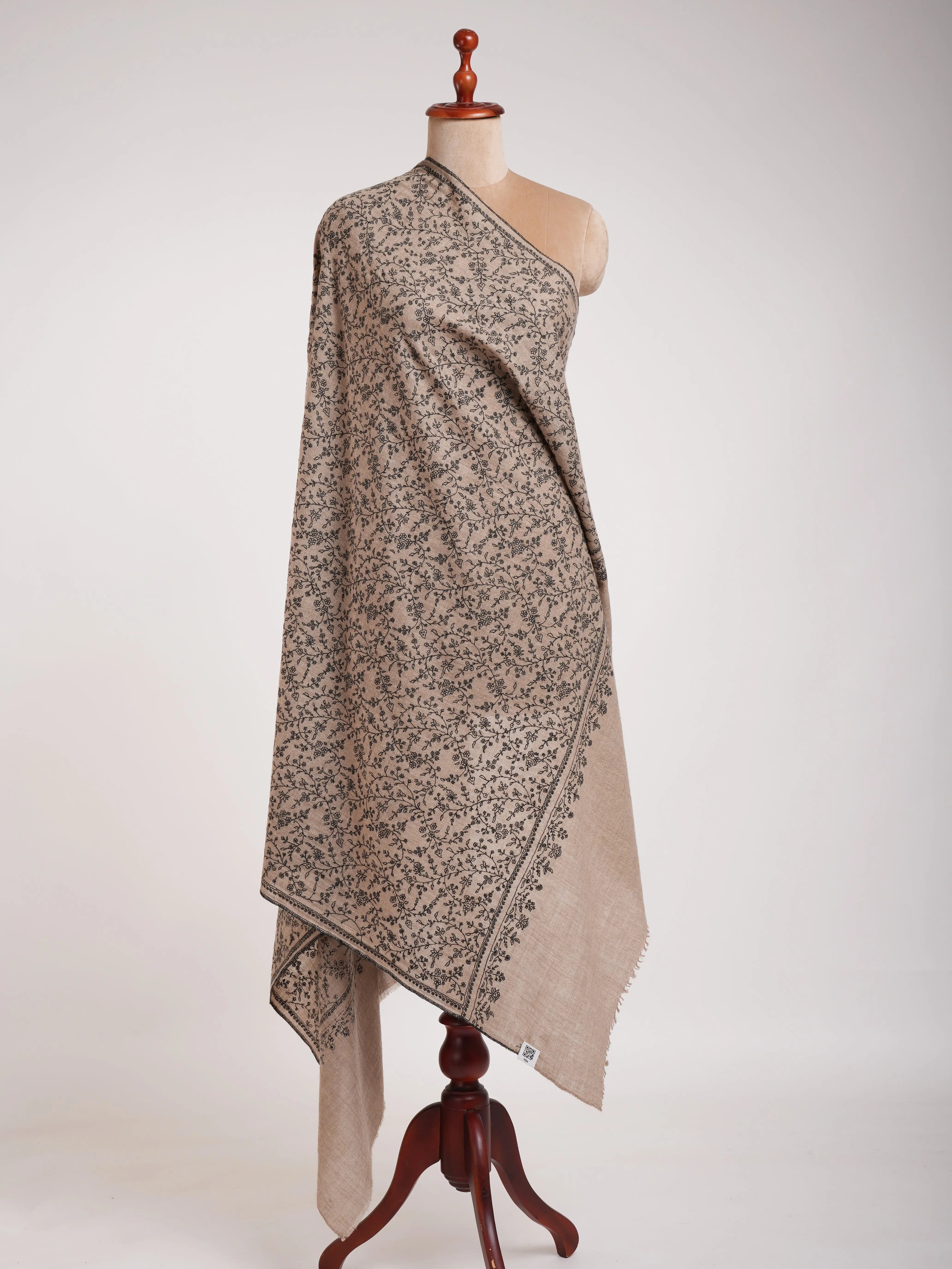 Natural Grey Pashmina Shawl with Black Sozni Embroidery Shahkaar