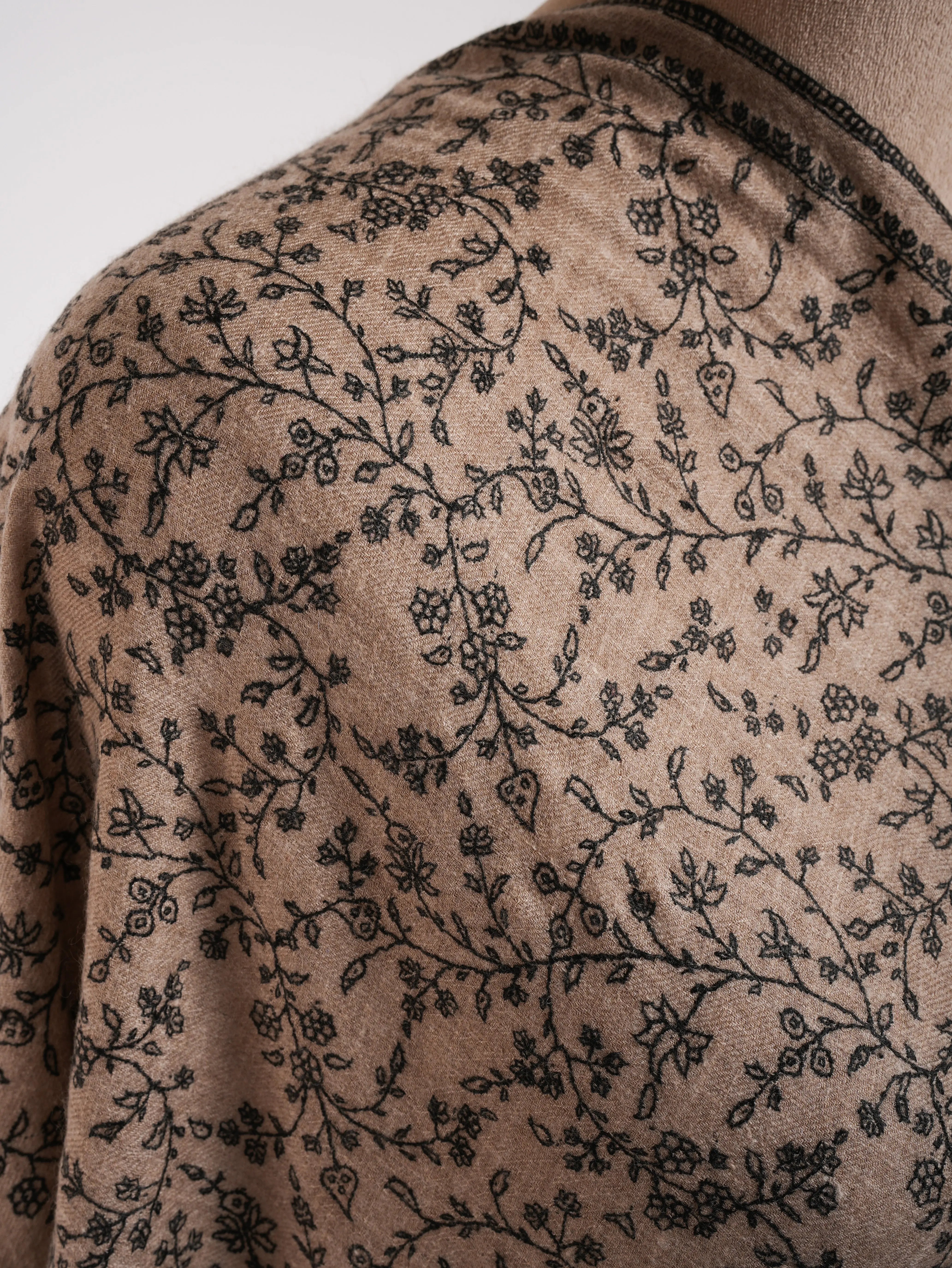 Natural Grey Pashmina Shawl with Black Sozni Embroidery Shahkaar