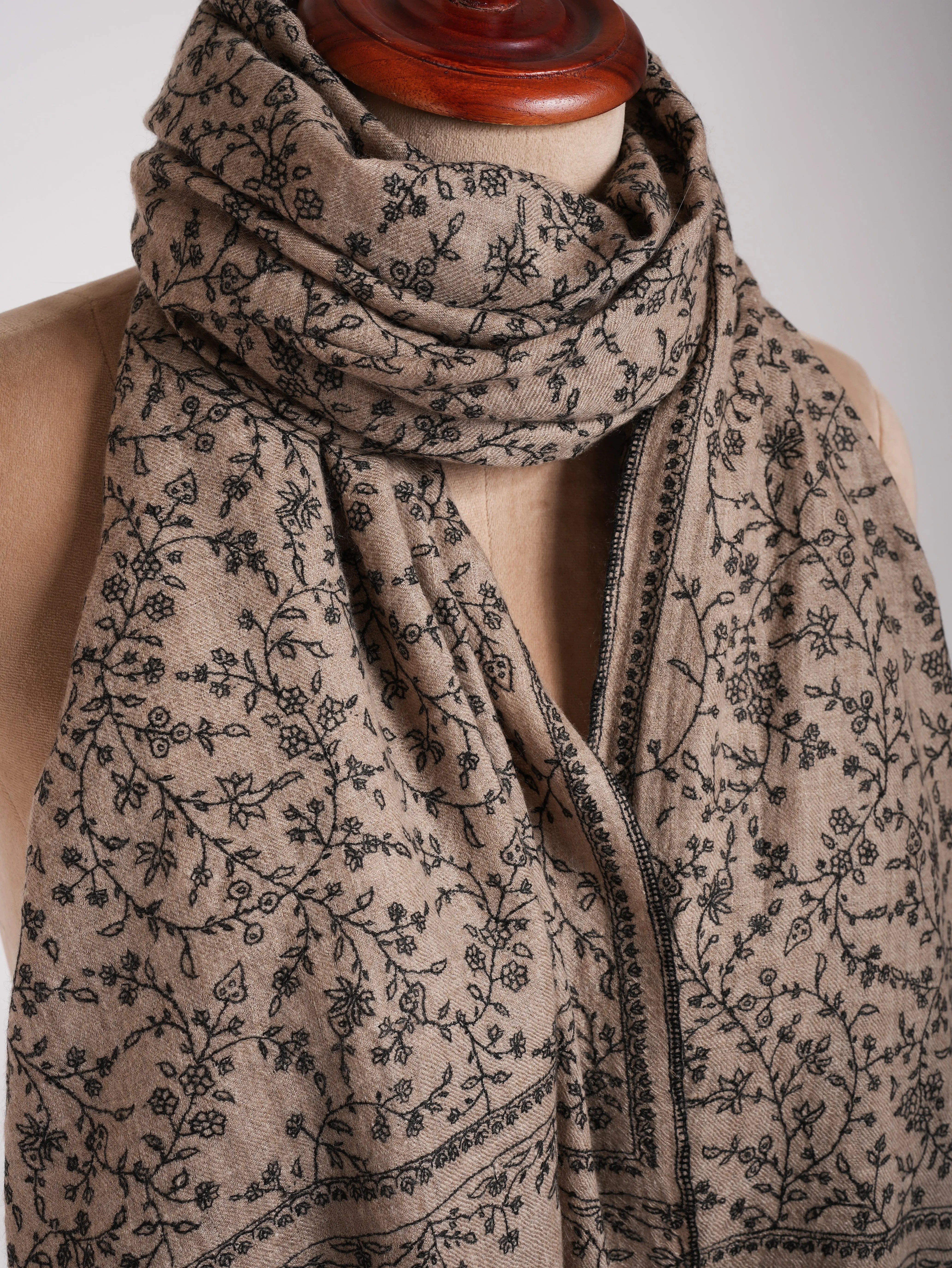 Natural Grey Pashmina Shawl with Black Sozni Embroidery Shahkaar