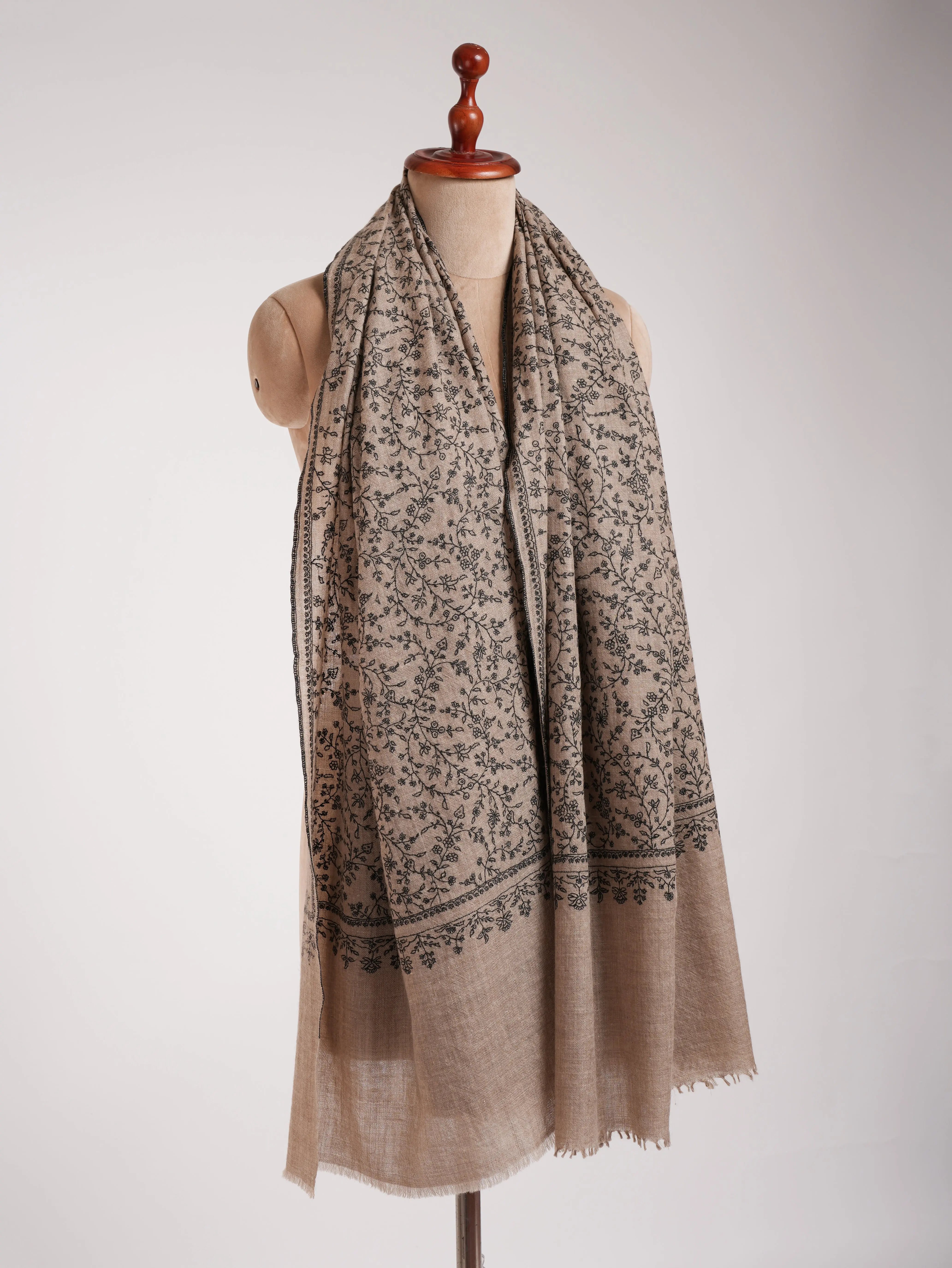 Natural Grey Pashmina Shawl with Black Sozni Embroidery Shahkaar