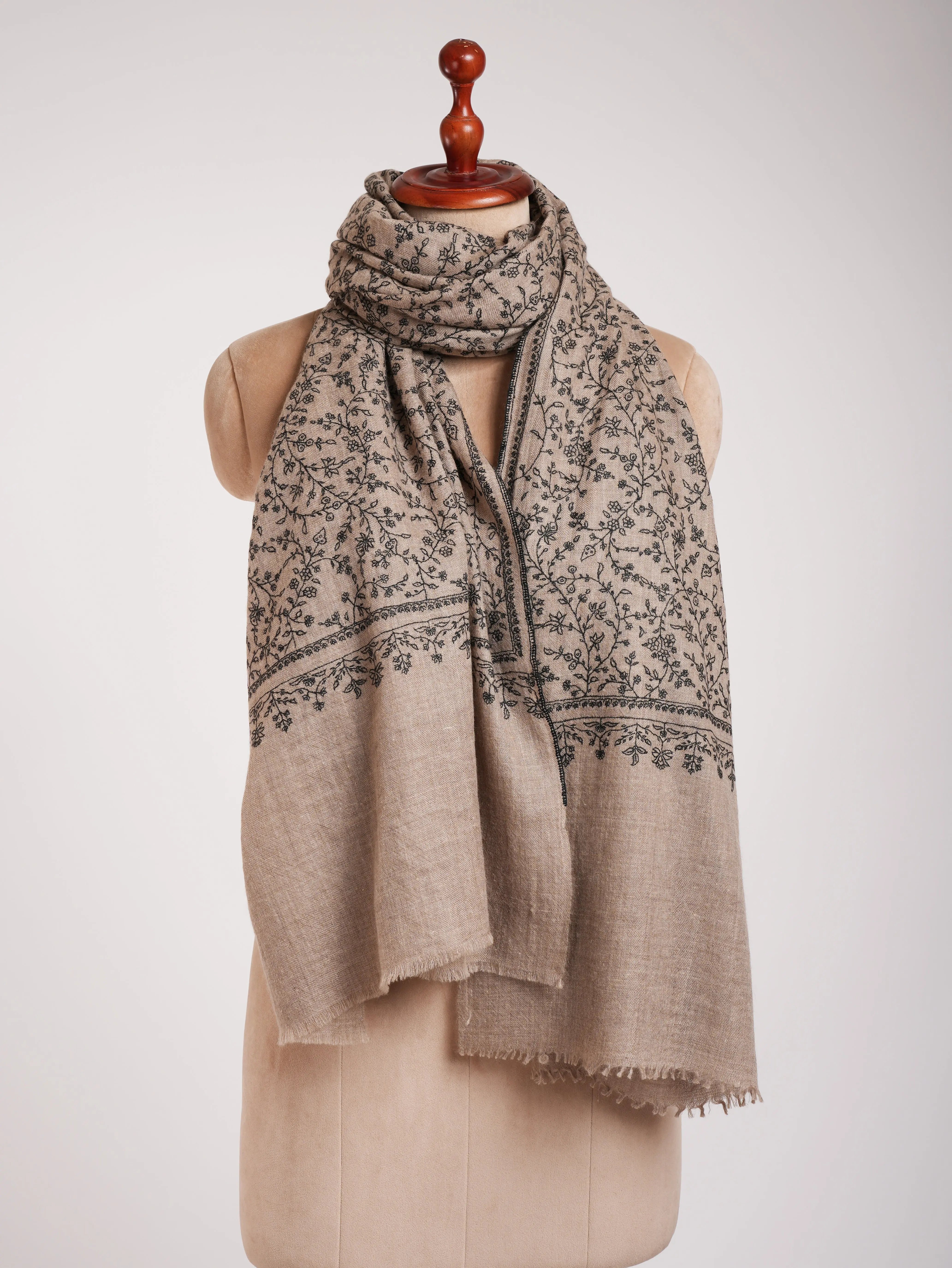 Natural Grey Pashmina Shawl with Black Sozni Embroidery Shahkaar
