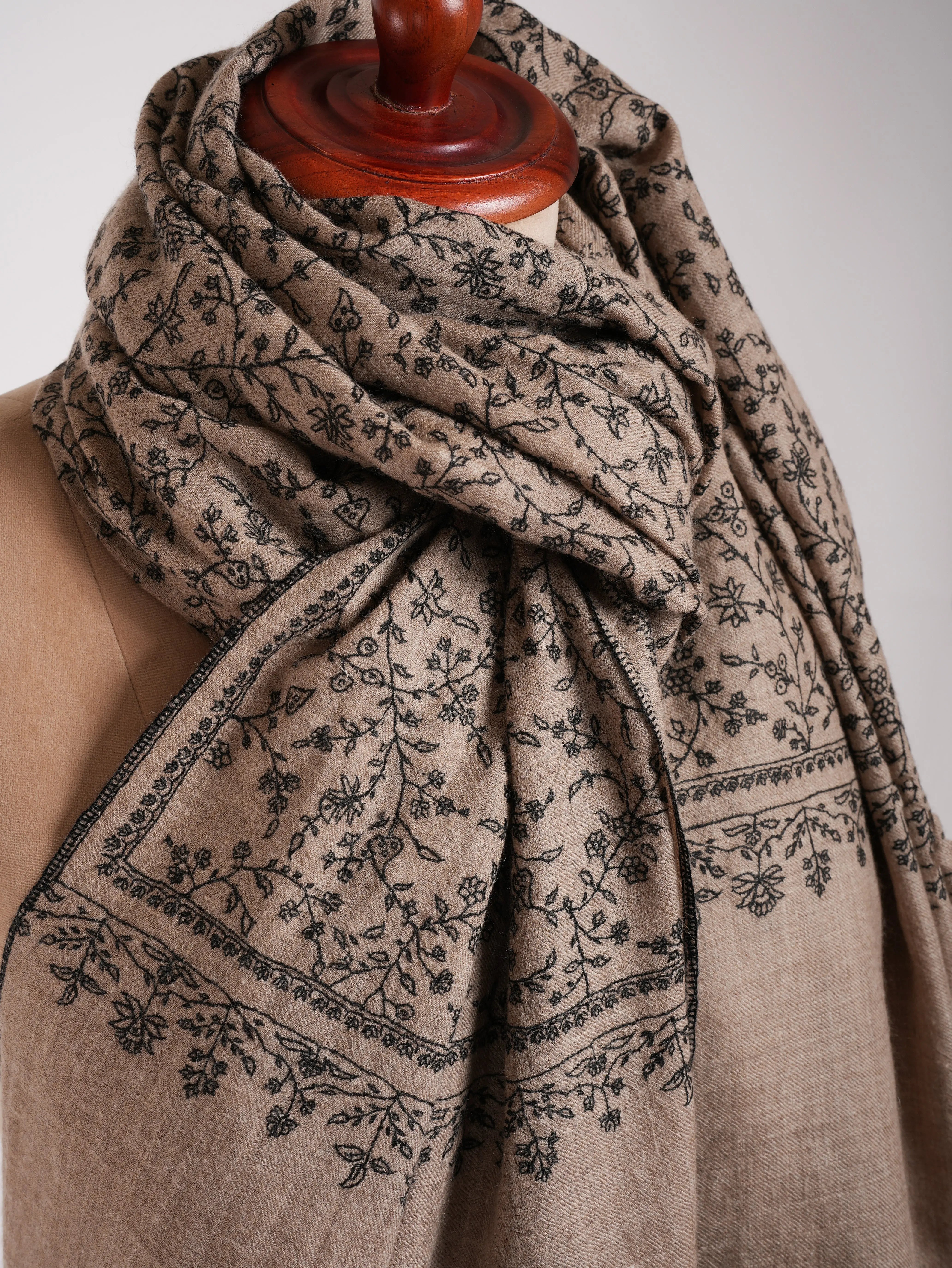Natural Grey Pashmina Shawl with Black Sozni Embroidery Shahkaar