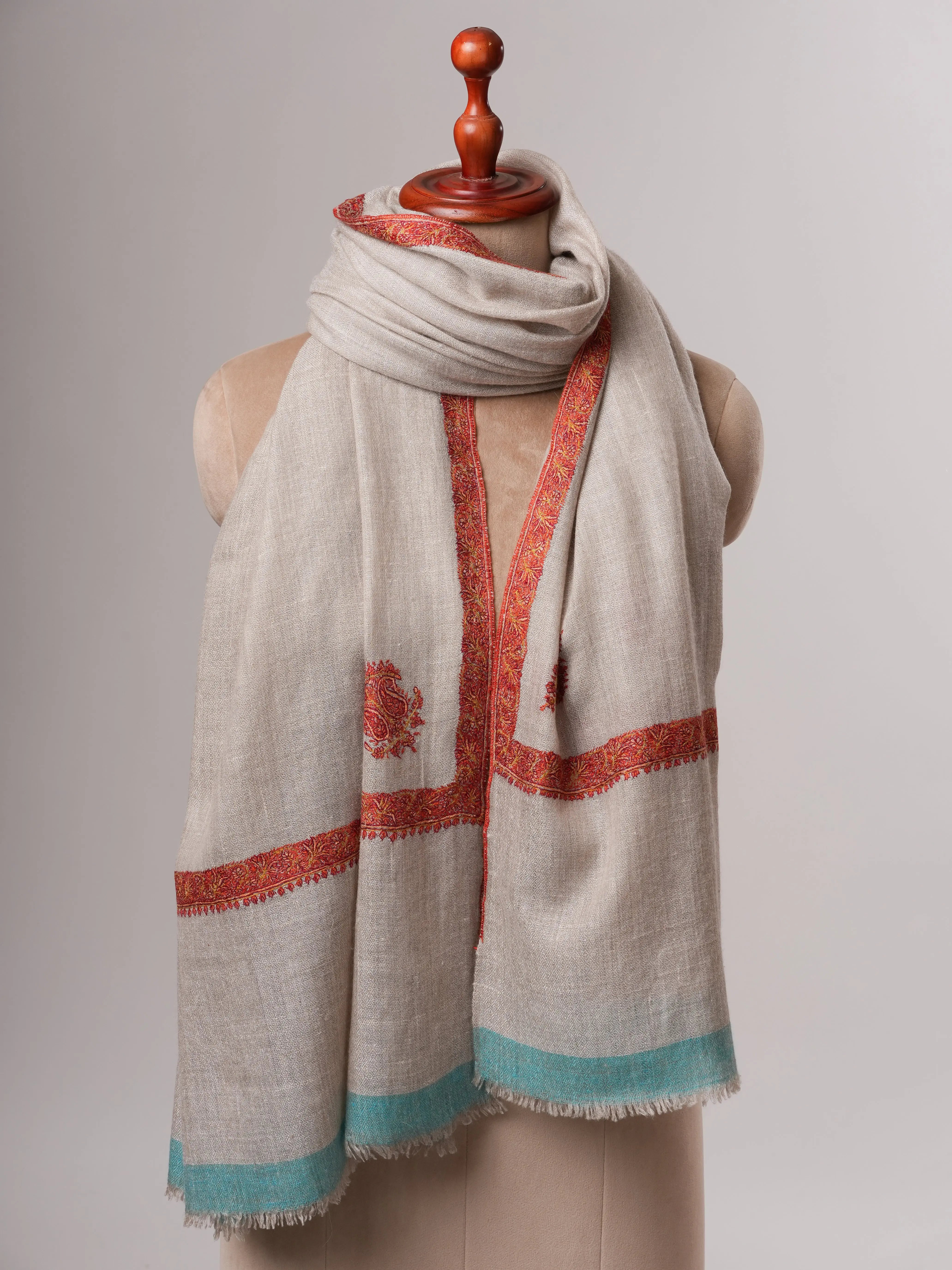 Natural Grey Pashmina Shawl with Blue Ends and Classic Hashia Hand Embroidery Shahkaar