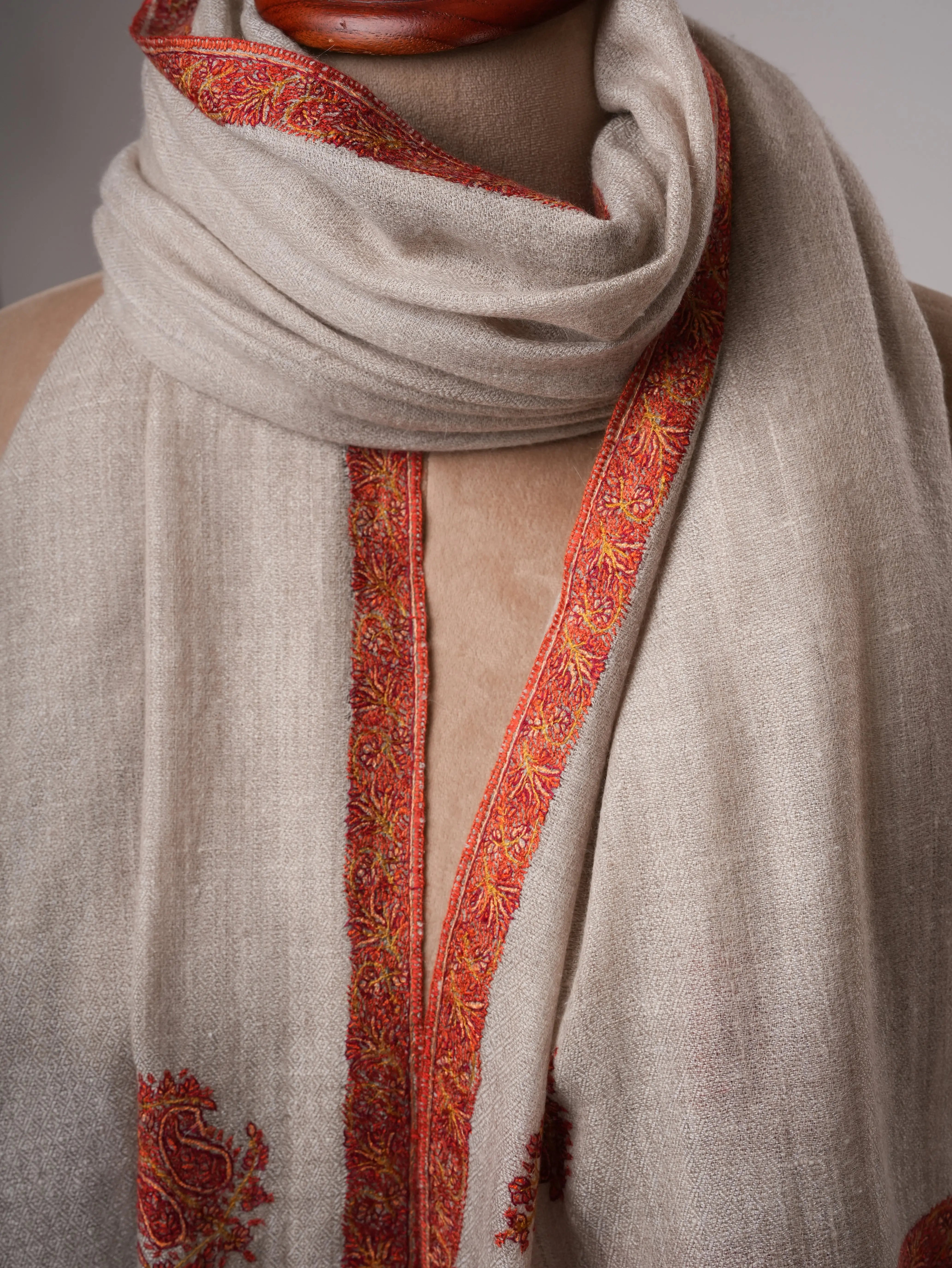 Natural Grey Pashmina Shawl with Blue Ends and Classic Hashia Hand Embroidery Shahkaar