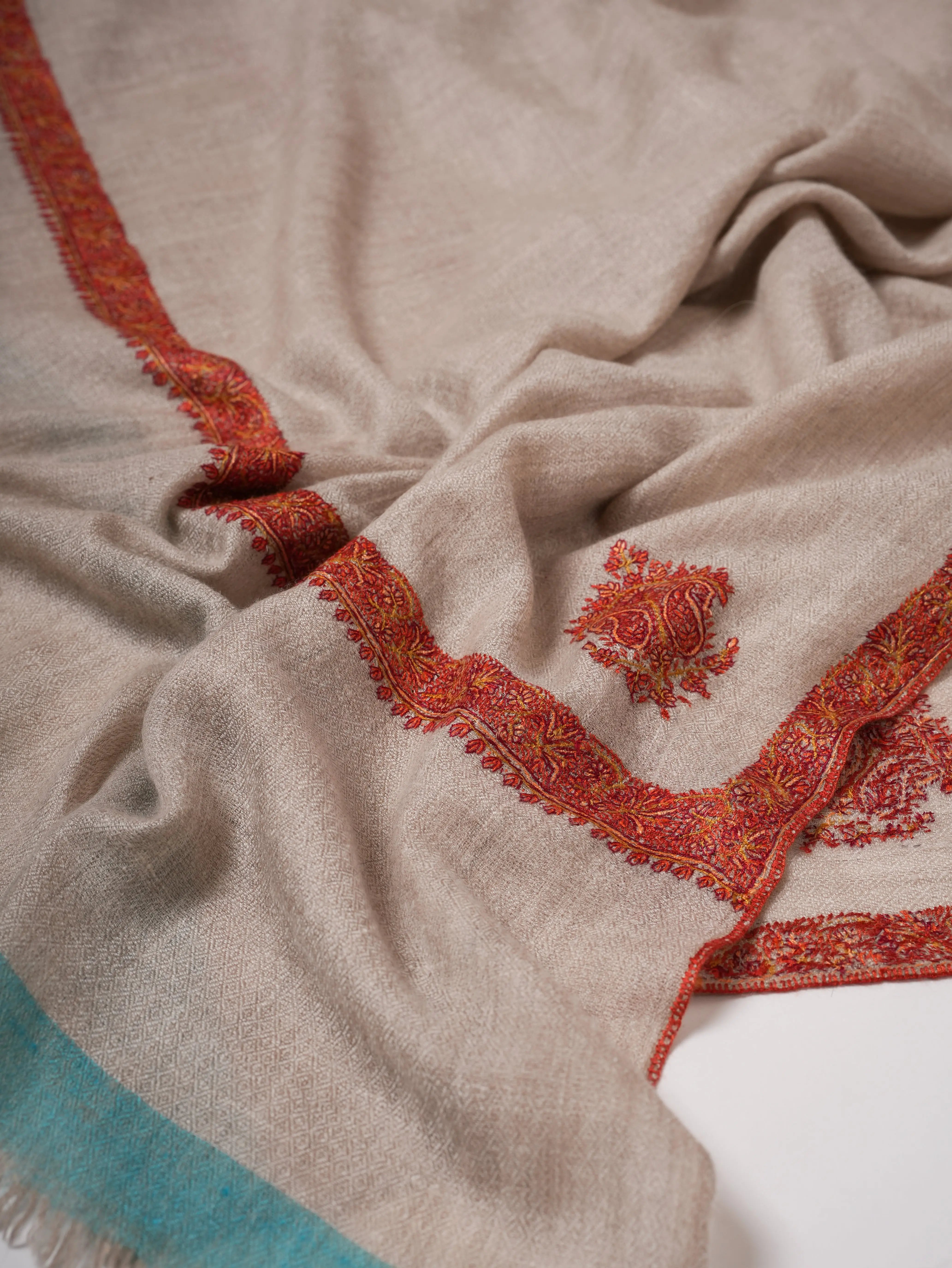 Natural Grey Pashmina Shawl with Blue Ends and Classic Hashia Hand Embroidery Shahkaar