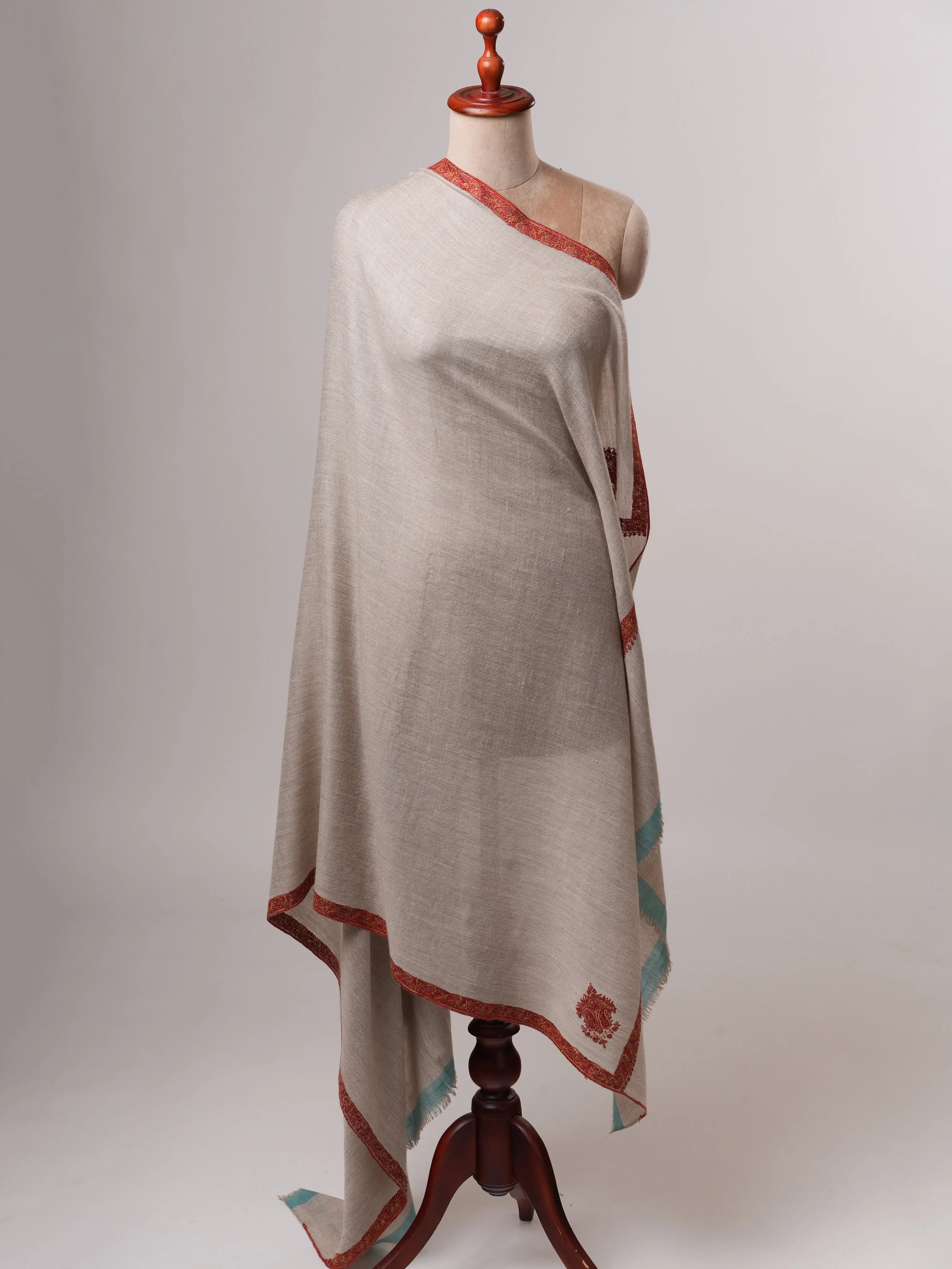 Natural Grey Pashmina Shawl with Blue Ends and Classic Hashia Hand Embroidery Shahkaar
