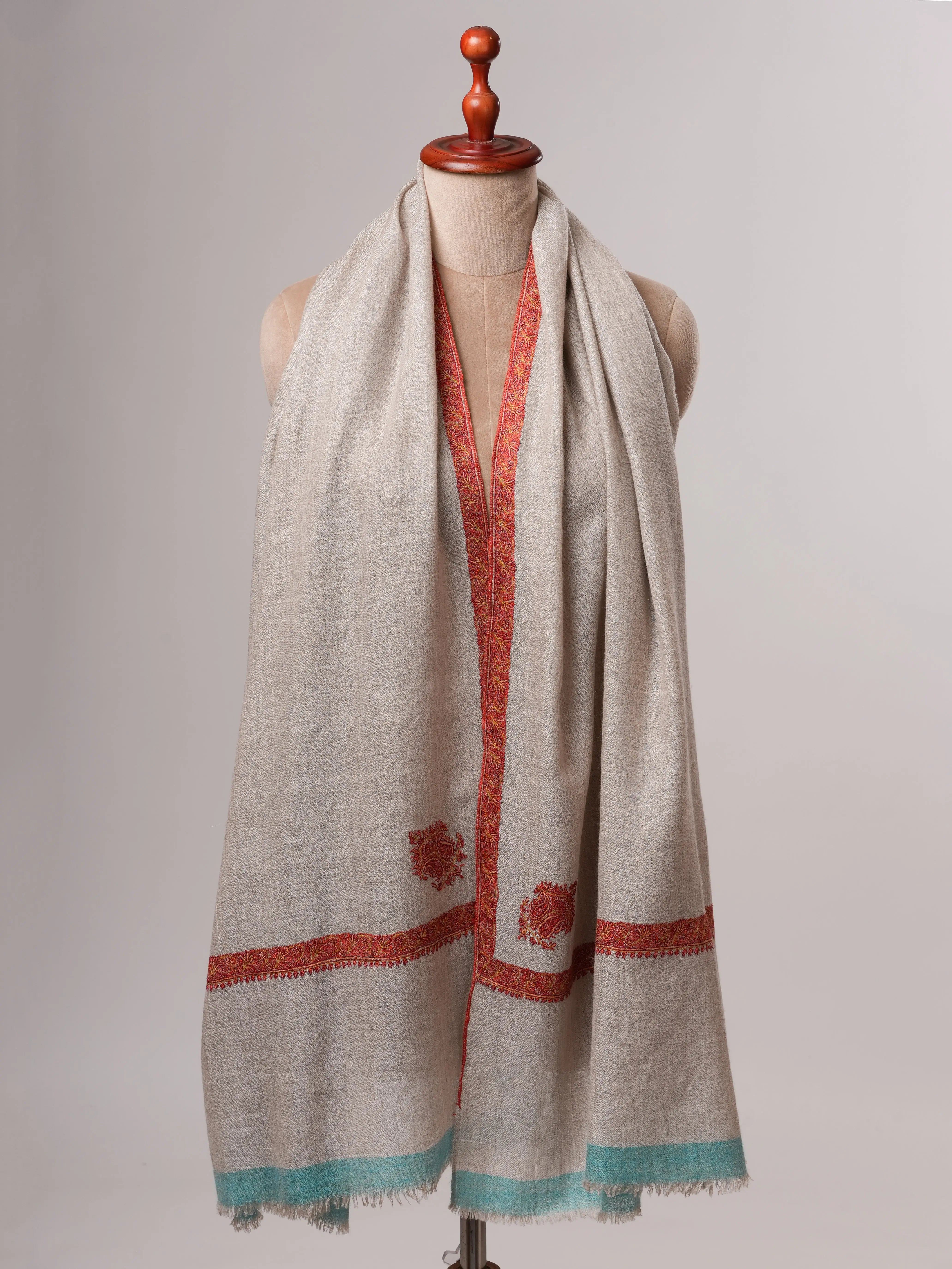 Natural Grey Pashmina Shawl with Blue Ends and Classic Hashia Hand Embroidery Shahkaar