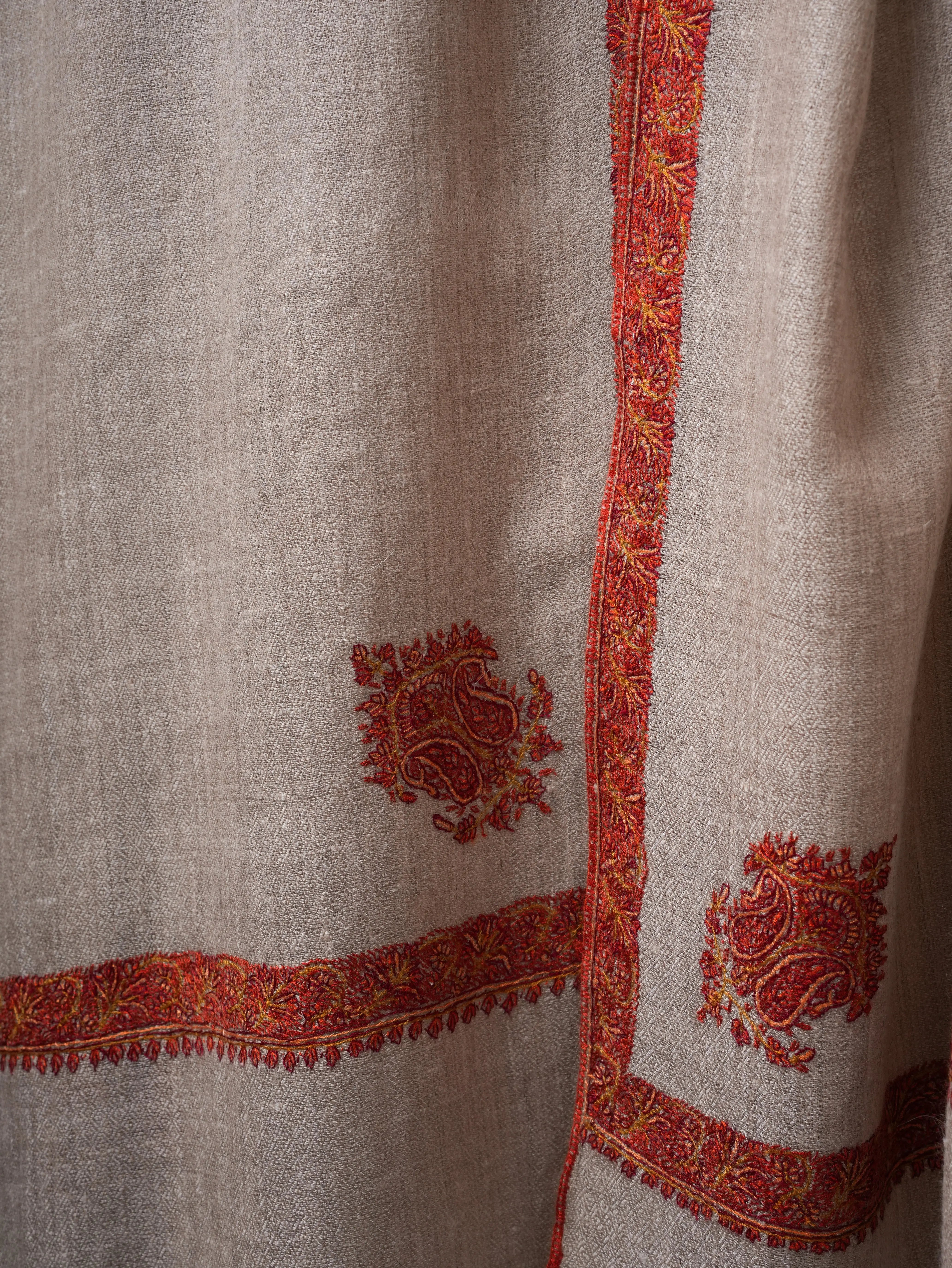 Natural Grey Pashmina Shawl with Blue Ends and Classic Hashia Hand Embroidery Shahkaar
