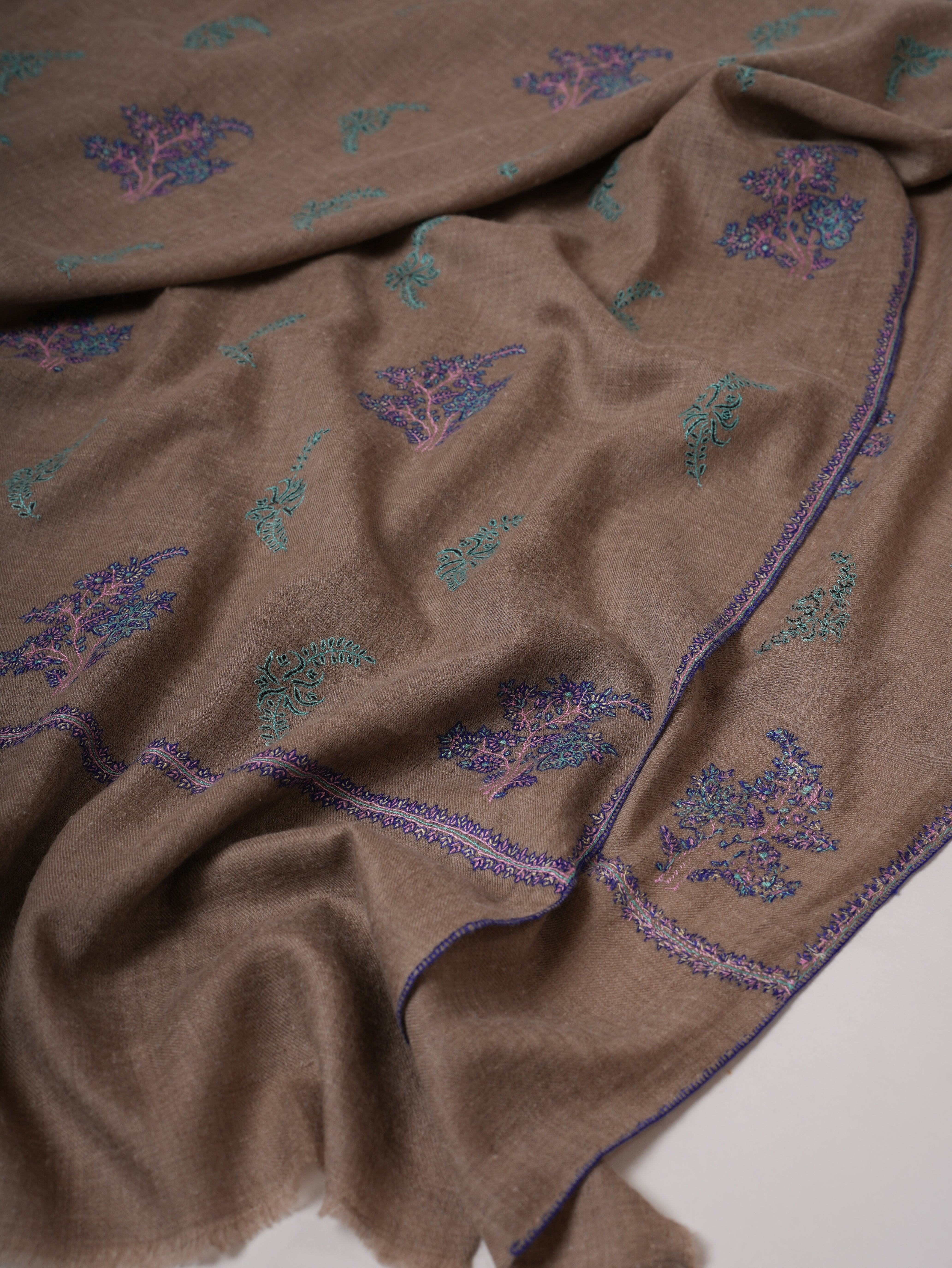 Natural Grey Pashmina Shawl with Buteh Sozni Hand Embroidery Shahkaar