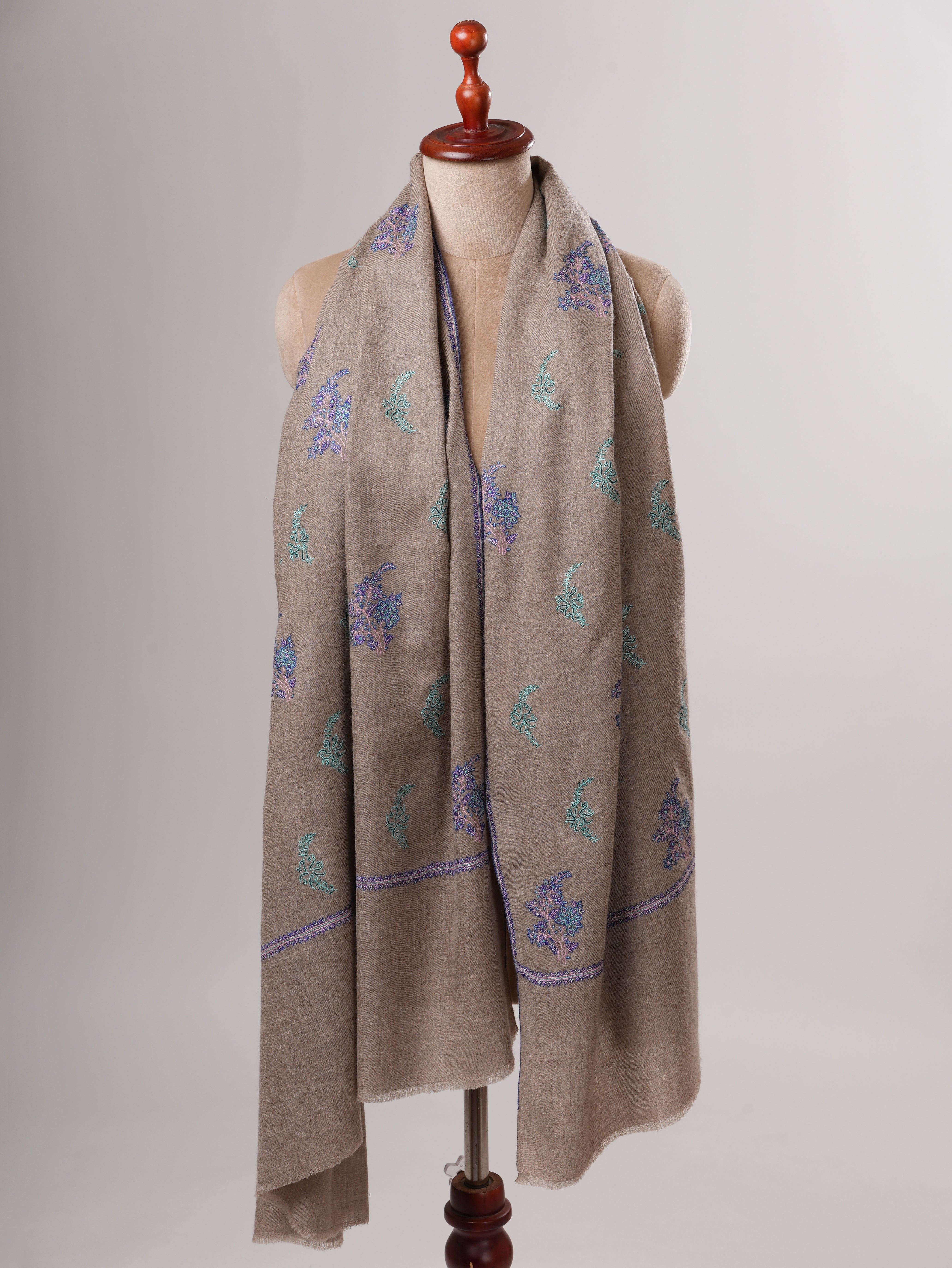 Natural Grey Pashmina Shawl with Buteh Sozni Hand Embroidery Shahkaar