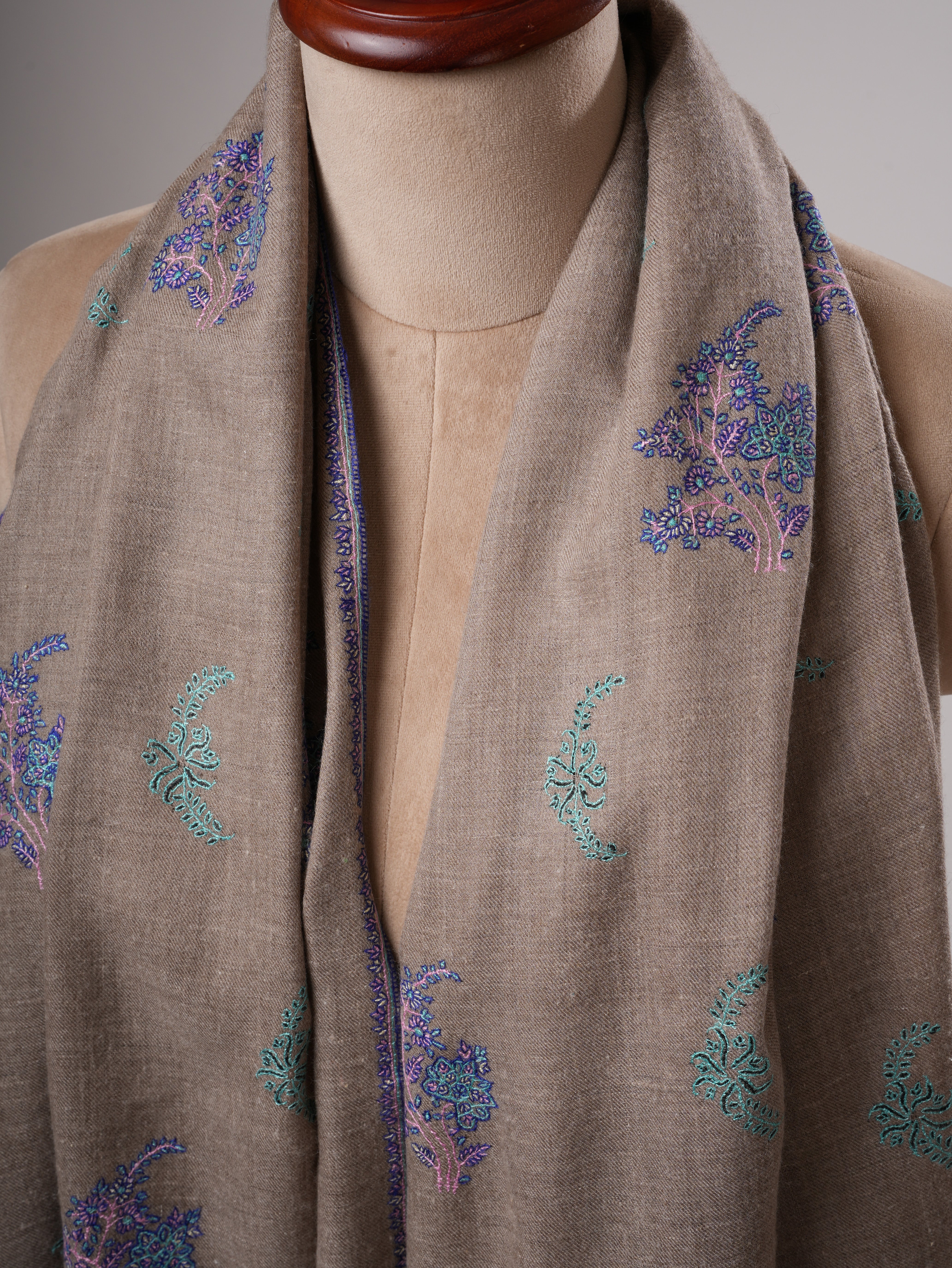 Natural Grey Pashmina Shawl with Buteh Sozni Hand Embroidery Shahkaar