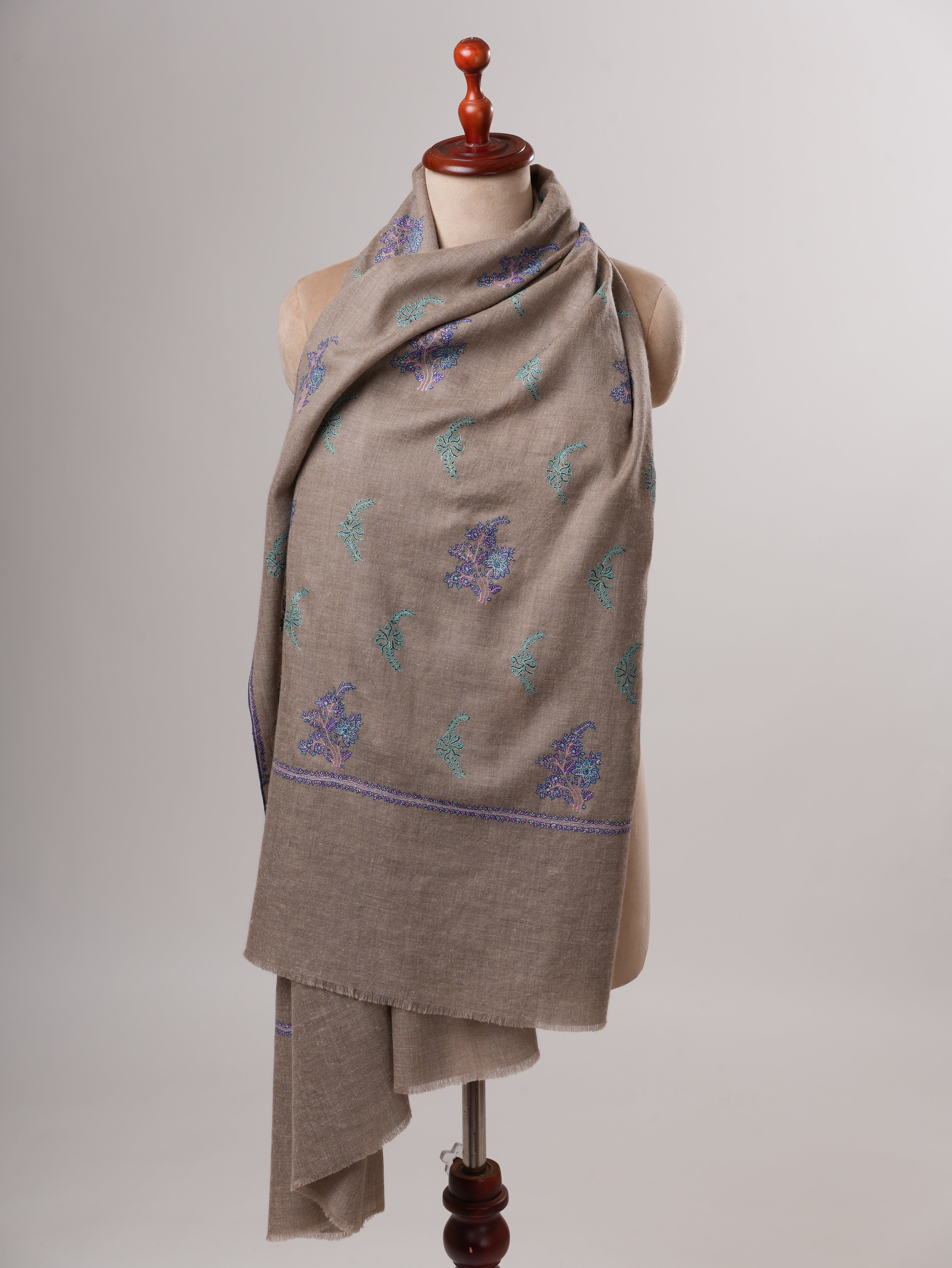 Natural Grey Pashmina Shawl with Buteh Sozni Hand Embroidery Shahkaar
