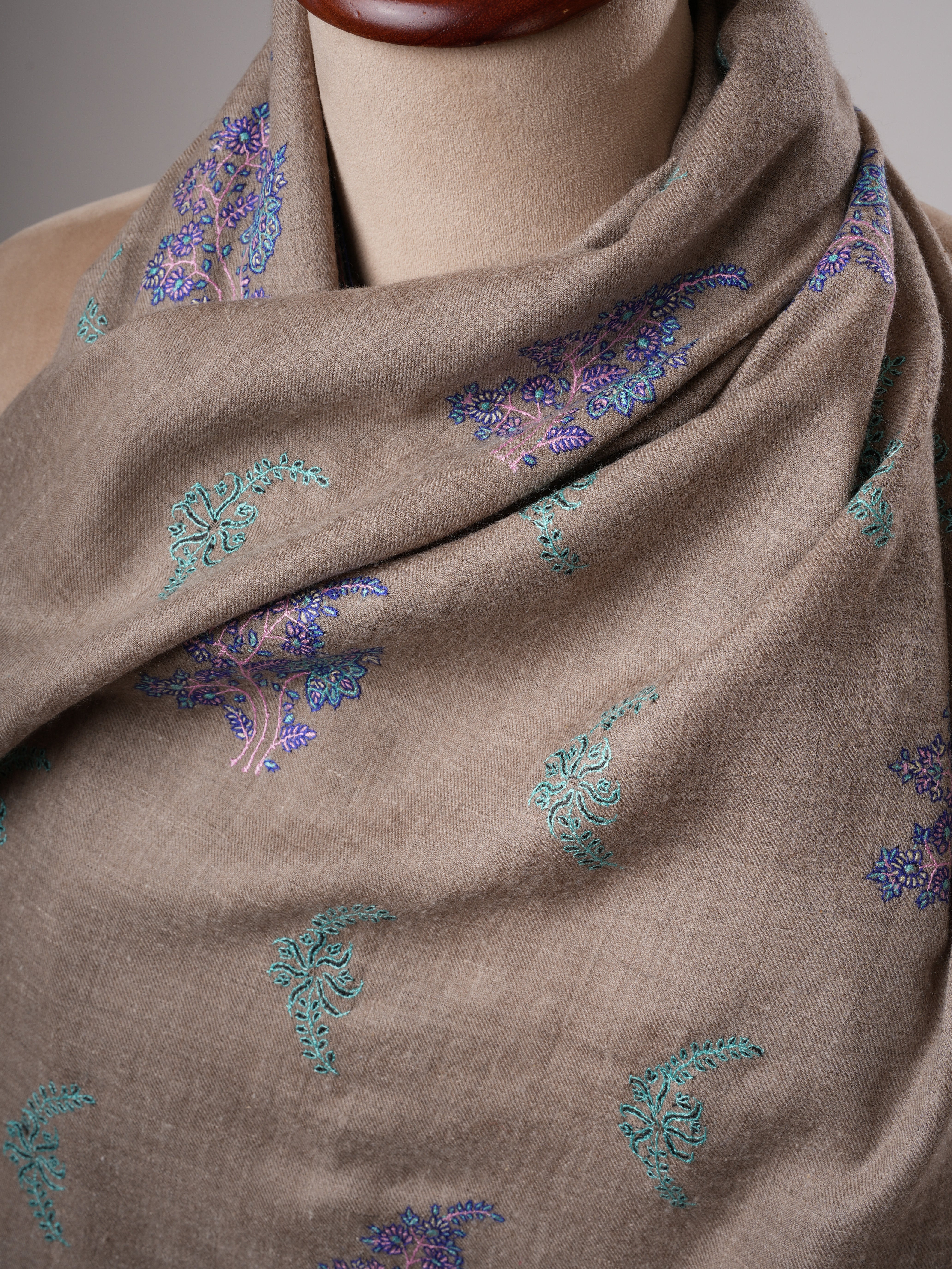 Natural Grey Pashmina Shawl with Buteh Sozni Hand Embroidery Shahkaar