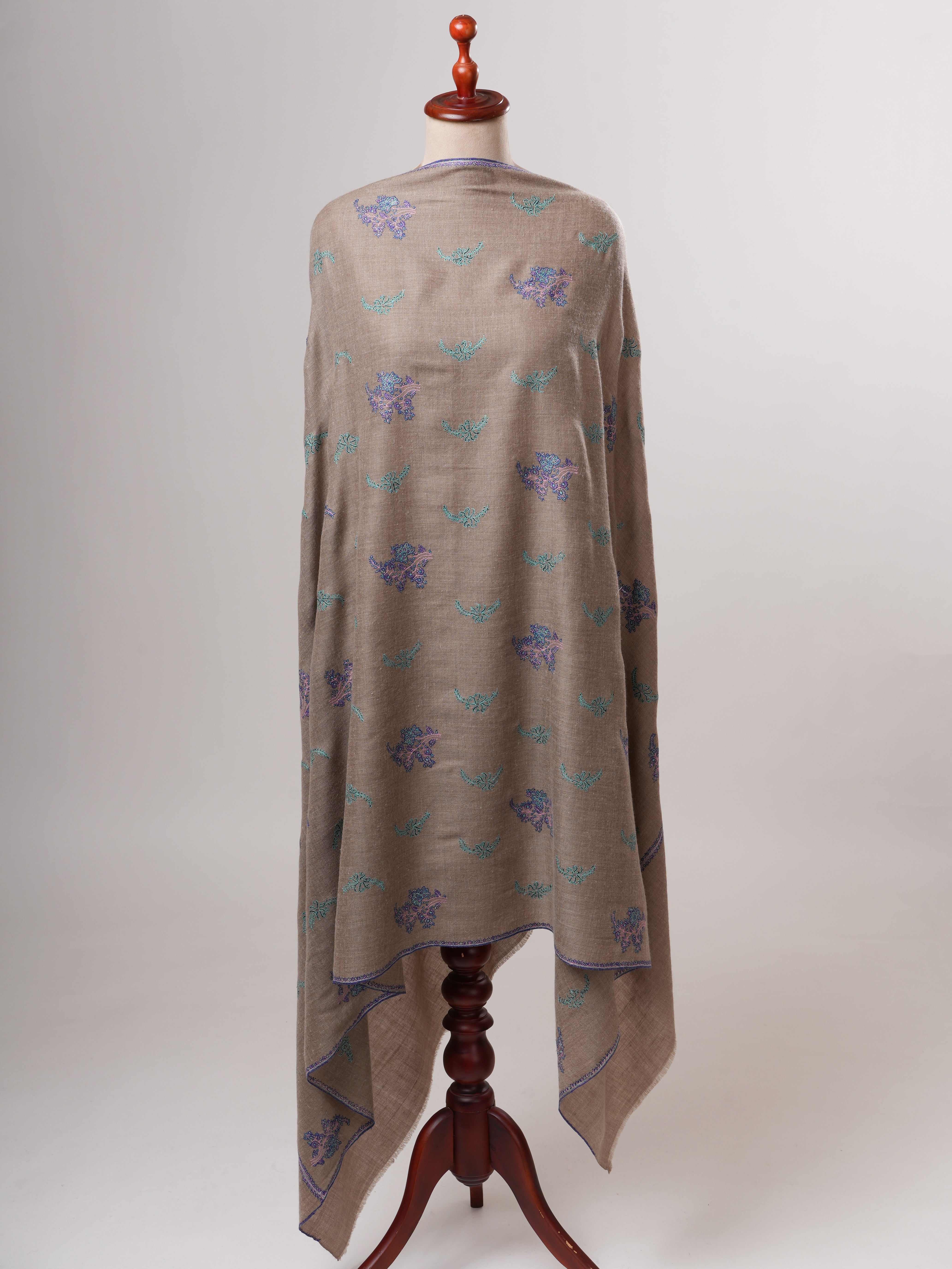 Natural Grey Pashmina Shawl with Buteh Sozni Hand Embroidery Shahkaar