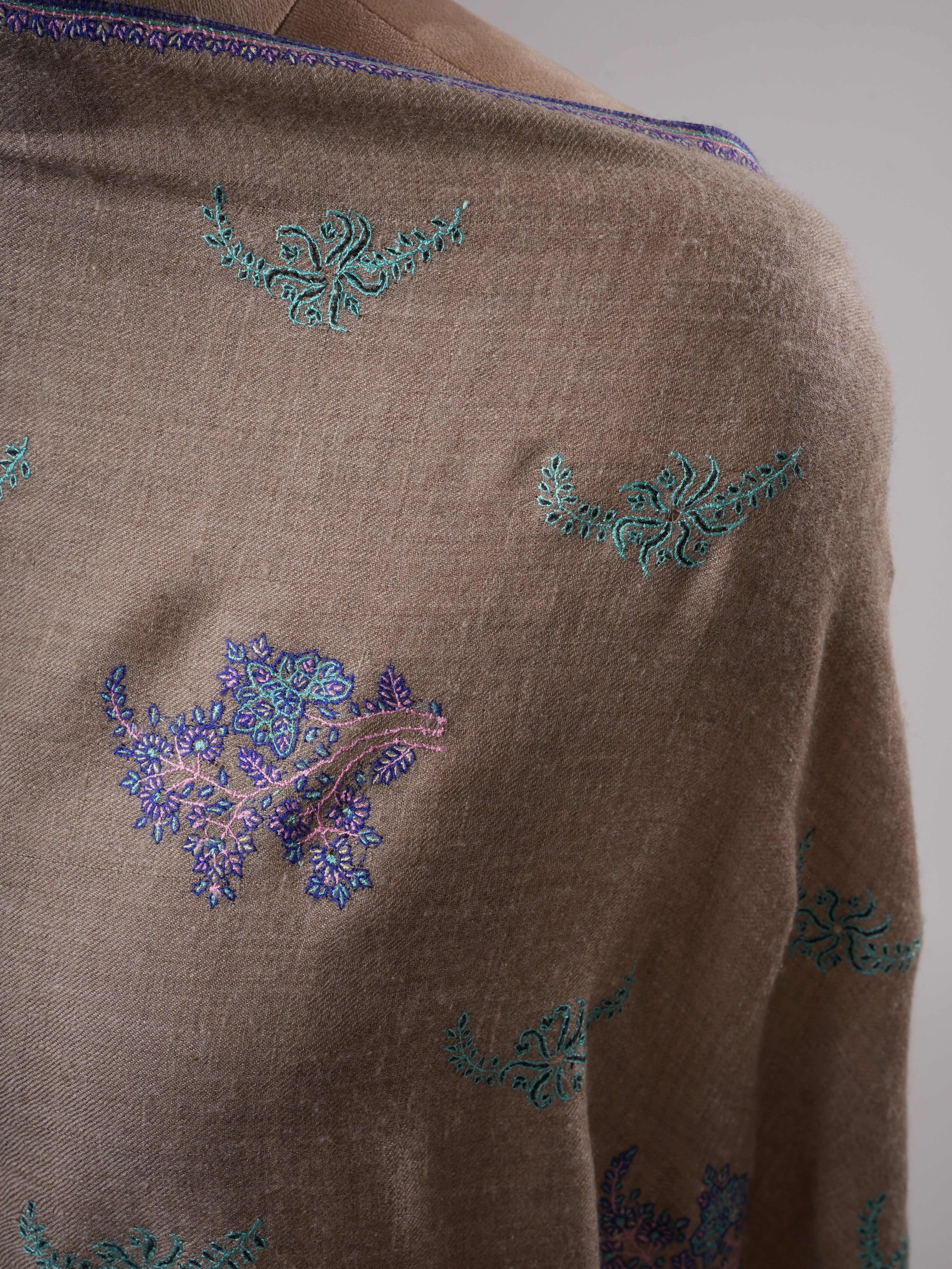 Natural Grey Pashmina Shawl with Buteh Sozni Hand Embroidery Shahkaar