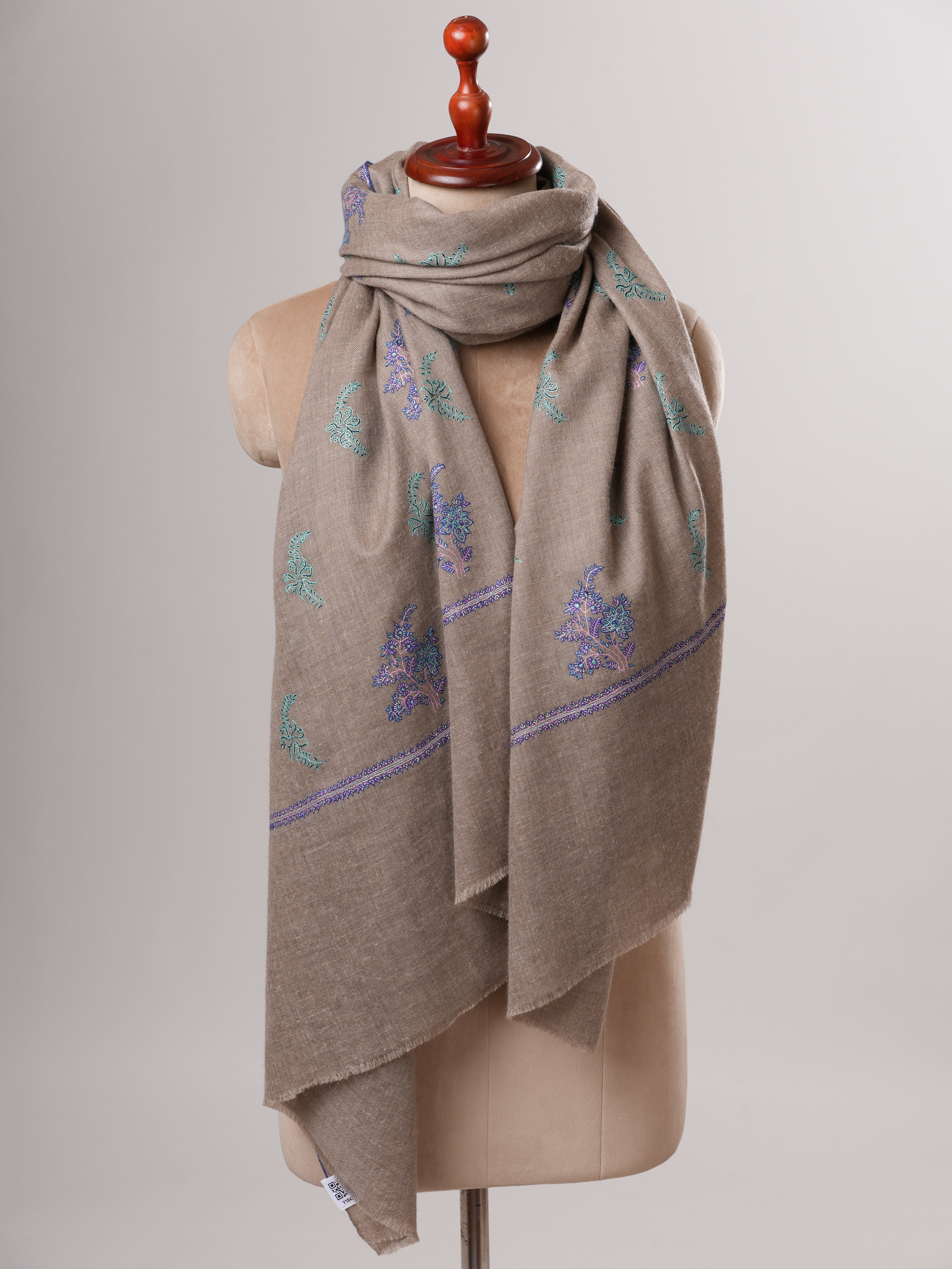 Natural Grey Pashmina Shawl with Buteh Sozni Hand Embroidery Shahkaar