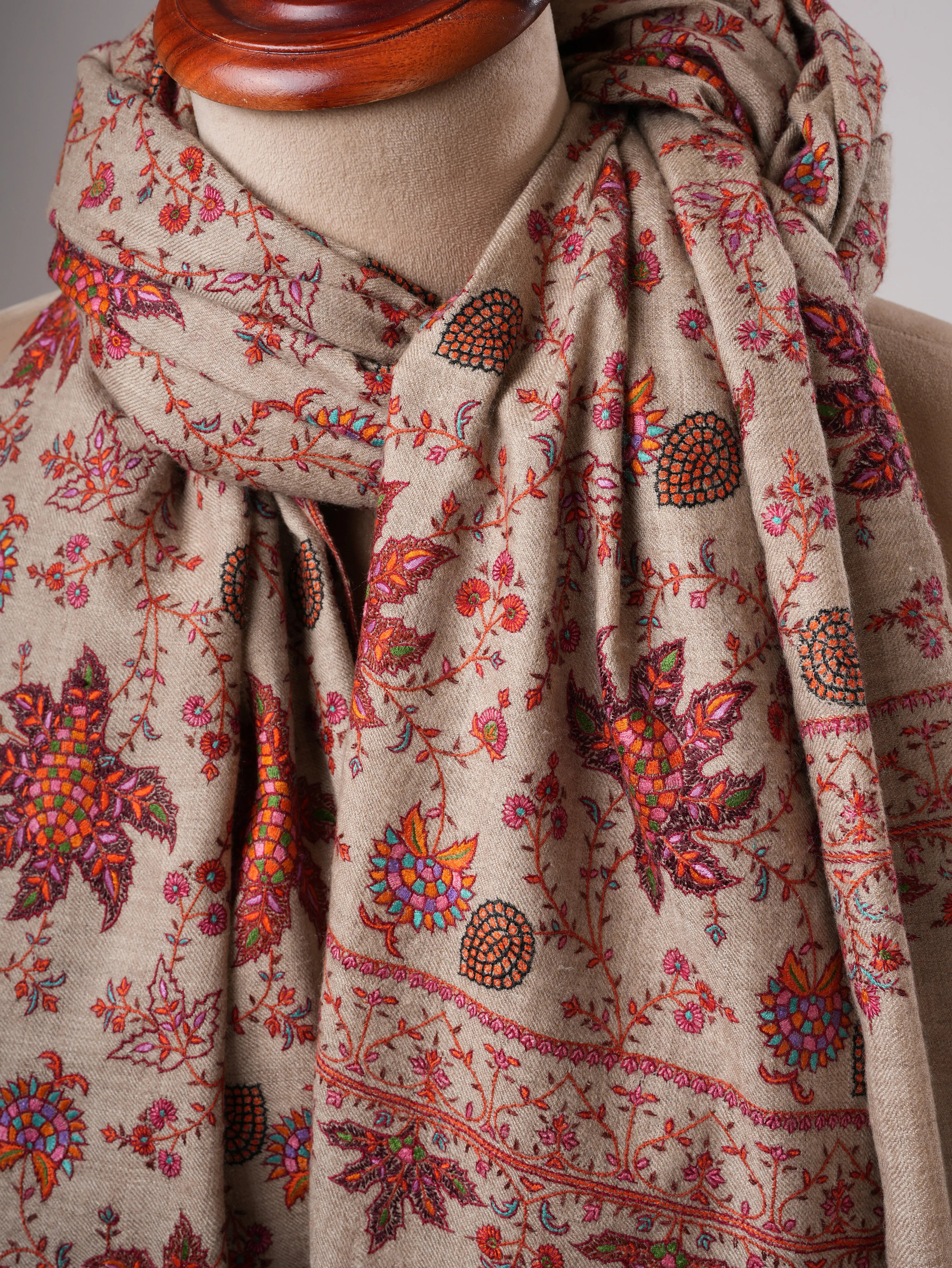 Natural Grey Pashmina Shawl with Fine Hand-Embroidered Chinar Motif Shahkaar