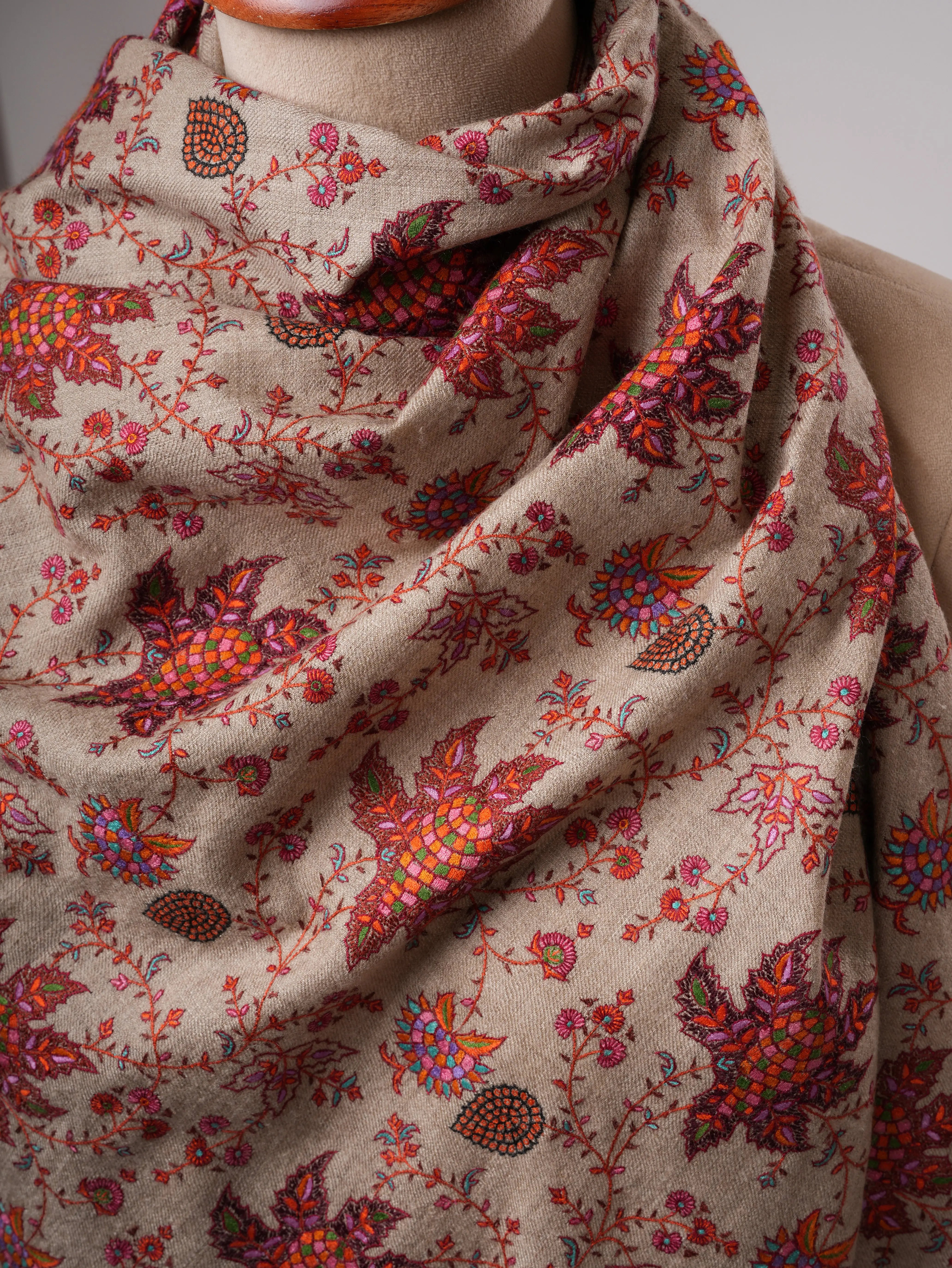 Natural Grey Pashmina Shawl with Fine Hand-Embroidered Chinar Motif Shahkaar