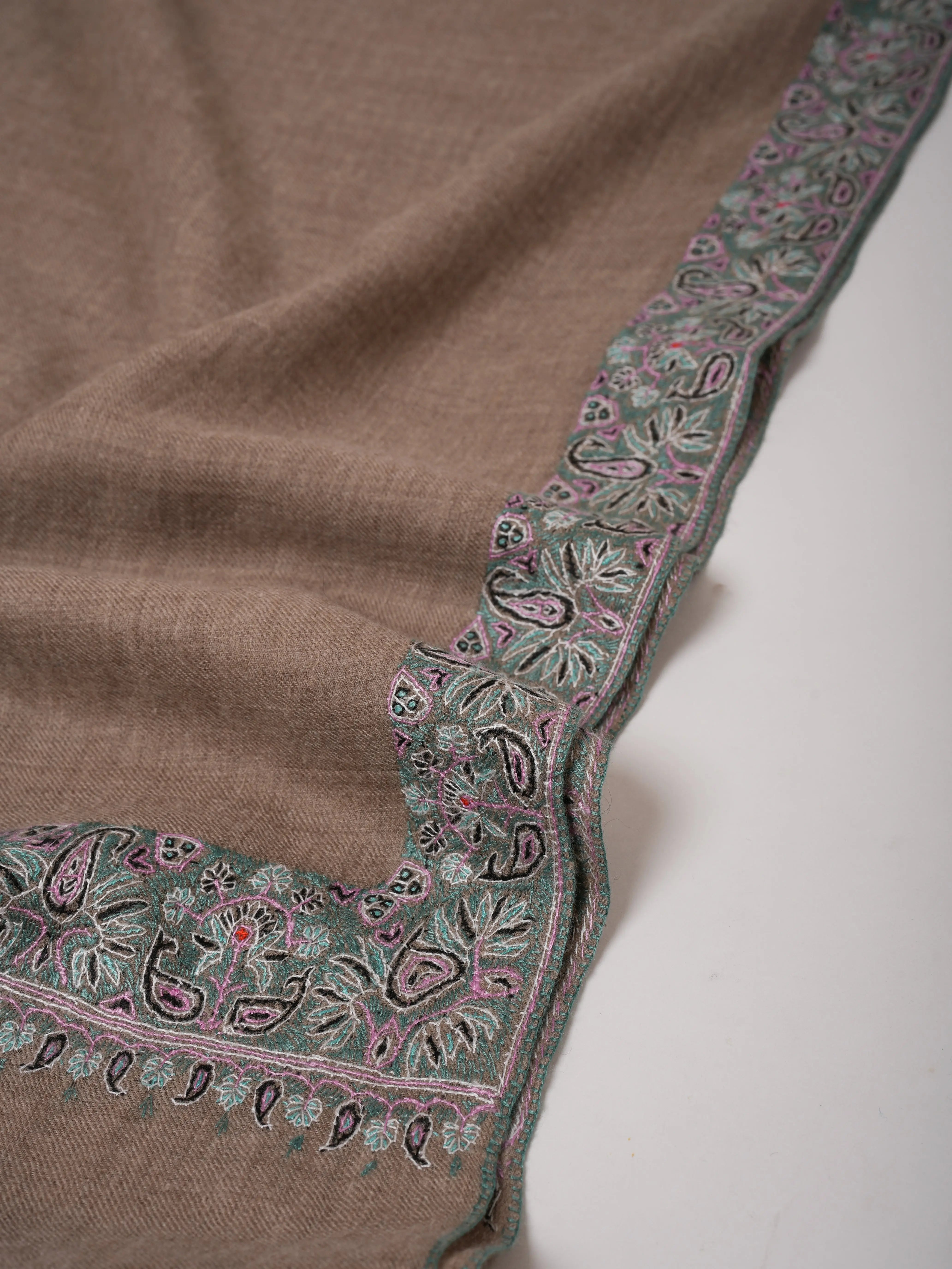 Natural Grey Pashmina Shawl with Fine Pastel Blue Hand Embroidery – Luxury Kashmiri Wrap Shahkaar