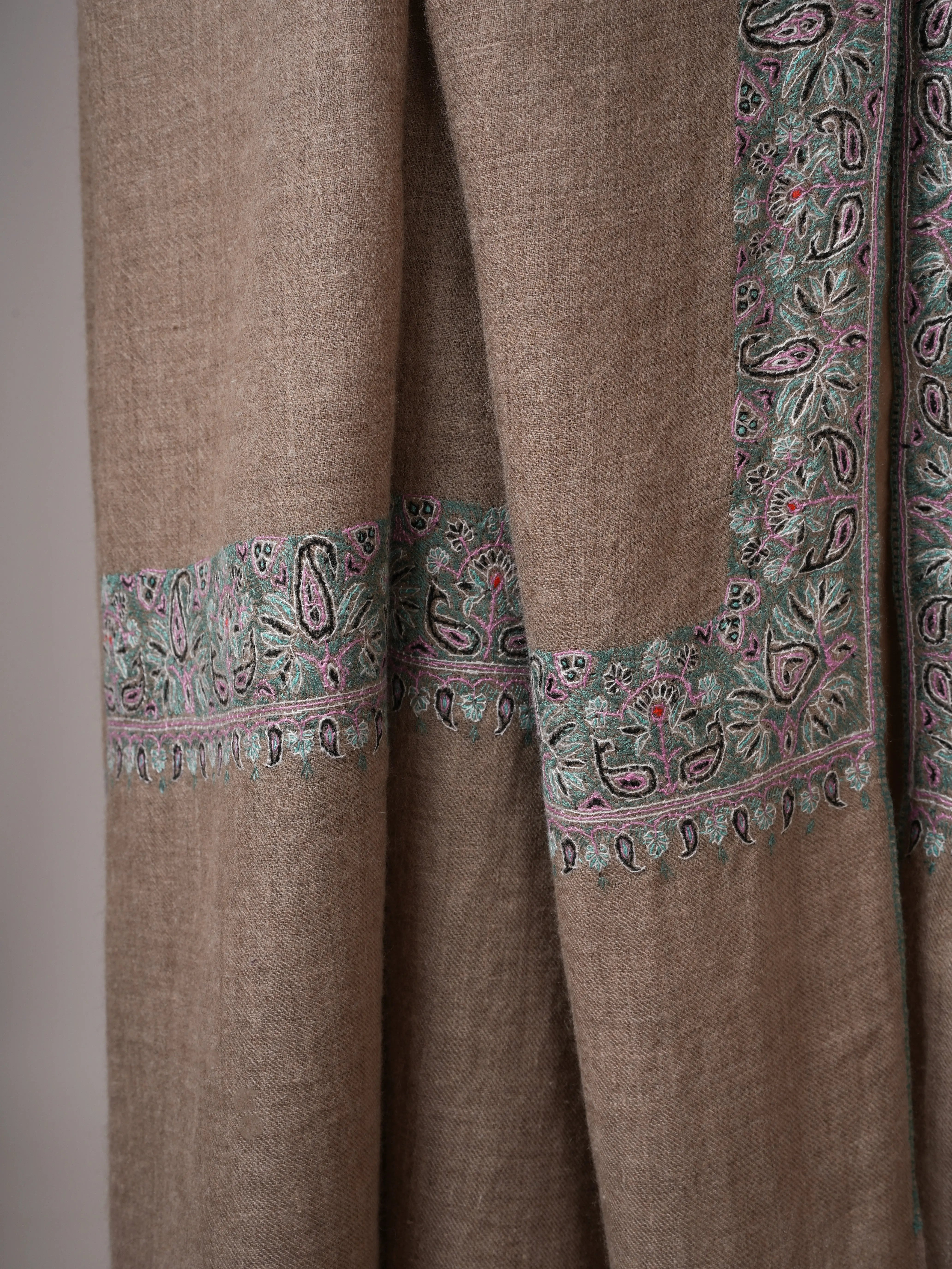 Natural Grey Pashmina Shawl with Fine Pastel Blue Hand Embroidery – Luxury Kashmiri Wrap Shahkaar