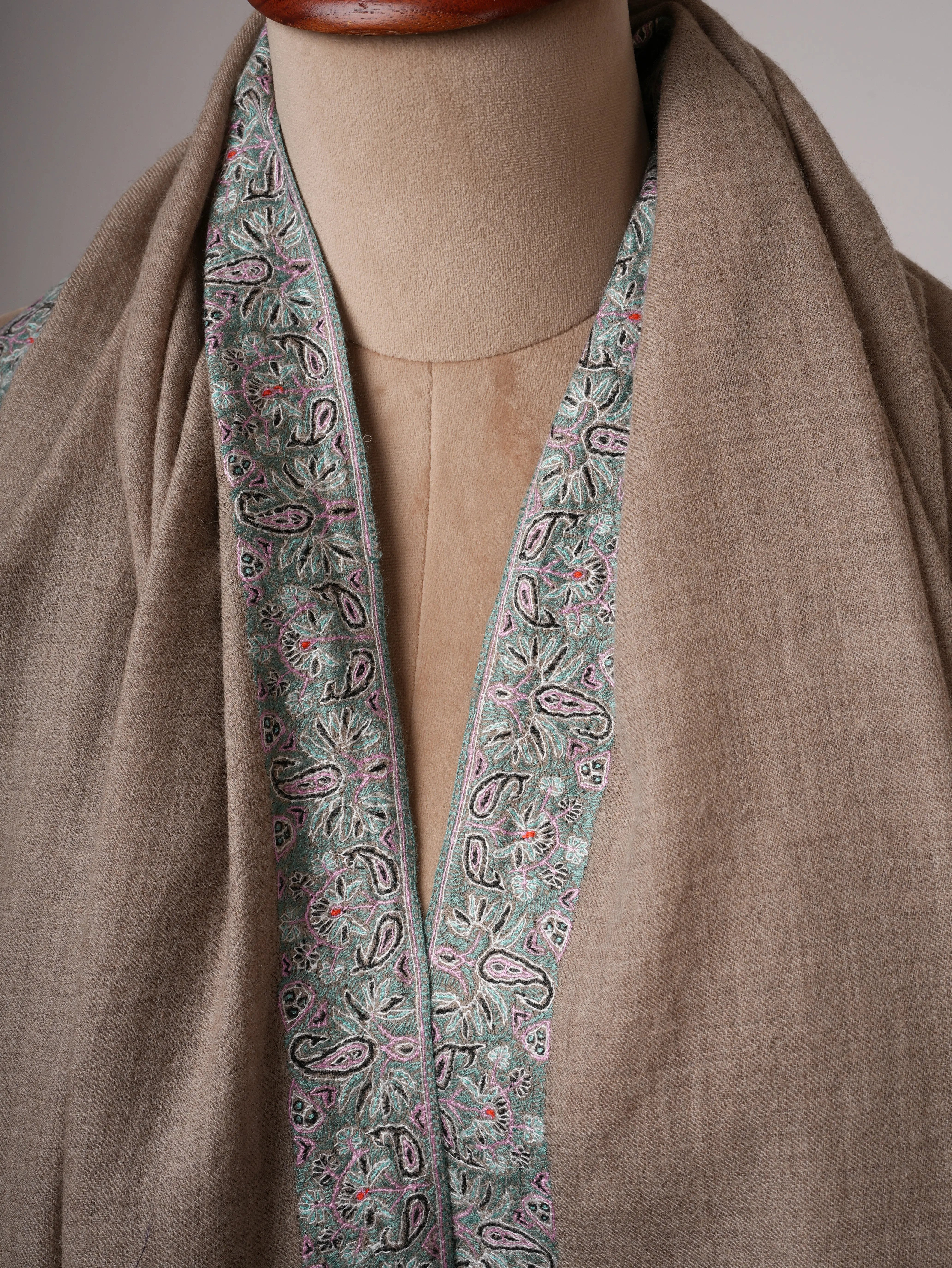Natural Grey Pashmina Shawl with Fine Pastel Blue Hand Embroidery – Luxury Kashmiri Wrap Shahkaar