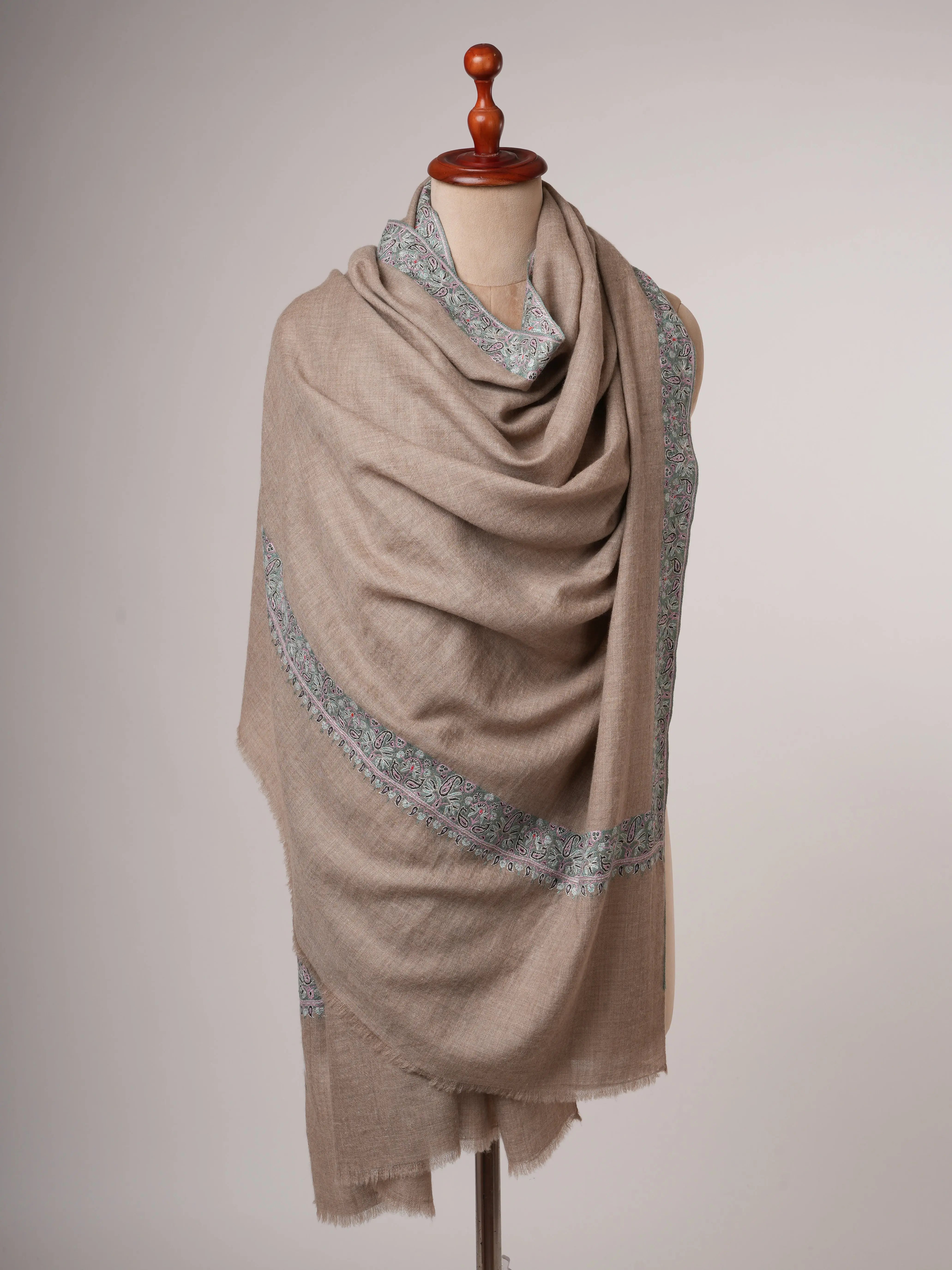 Natural Grey Pashmina Shawl with Fine Pastel Blue Hand Embroidery – Luxury Kashmiri Wrap Shahkaar