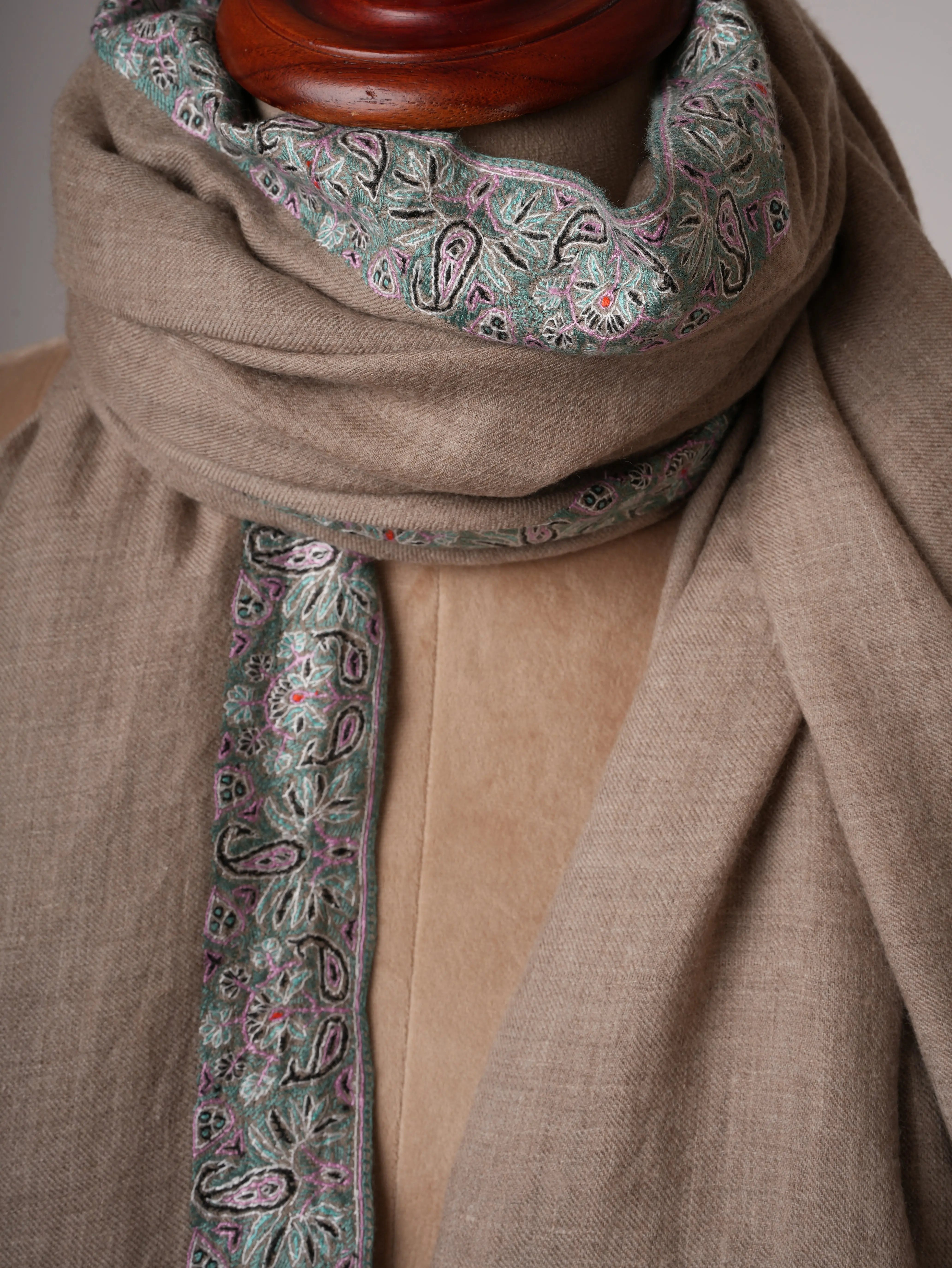 Natural Grey Pashmina Shawl with Fine Pastel Blue Hand Embroidery – Luxury Kashmiri Wrap Shahkaar