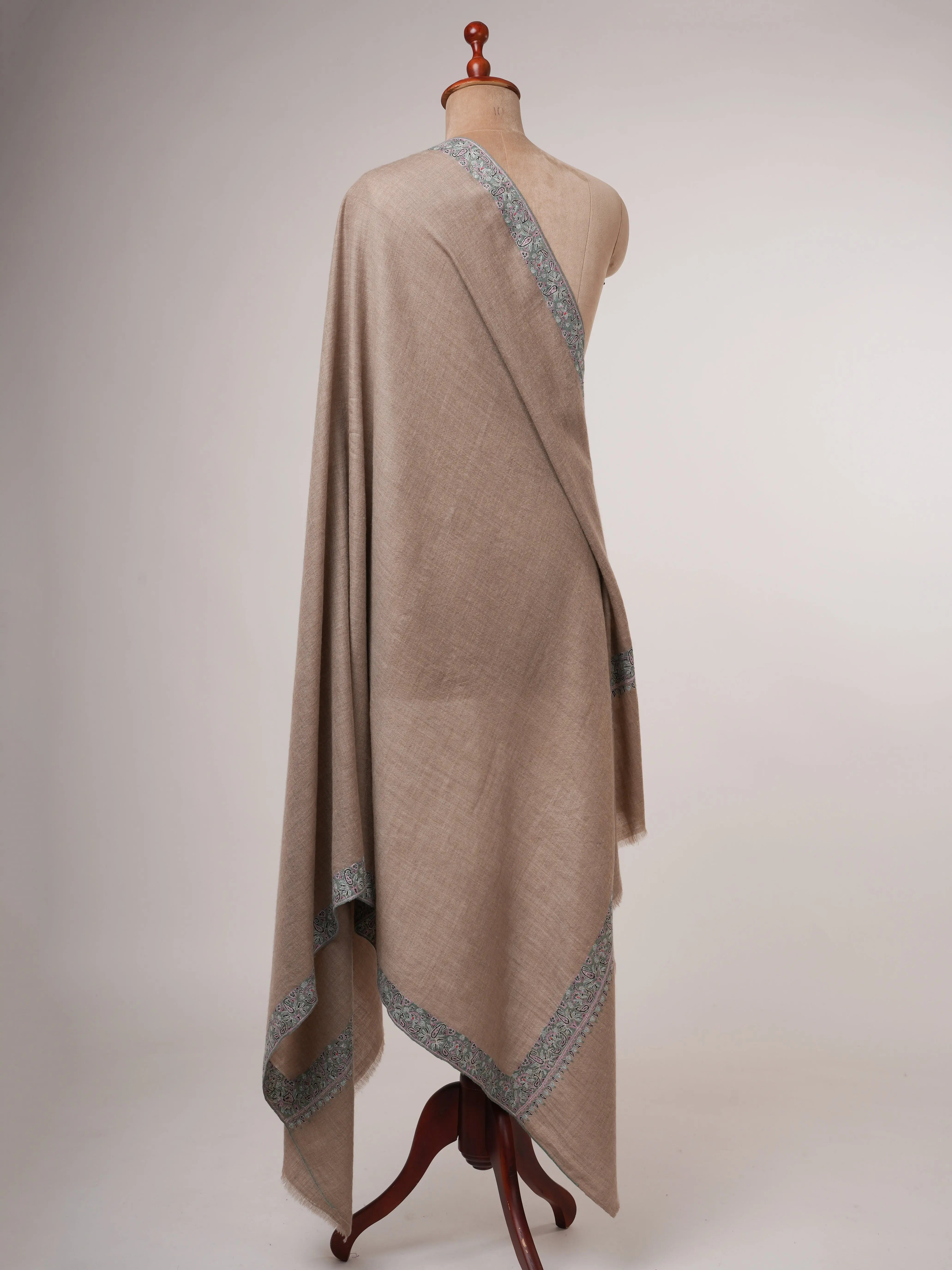 Natural Grey Pashmina Shawl with Fine Pastel Blue Hand Embroidery – Luxury Kashmiri Wrap Shahkaar