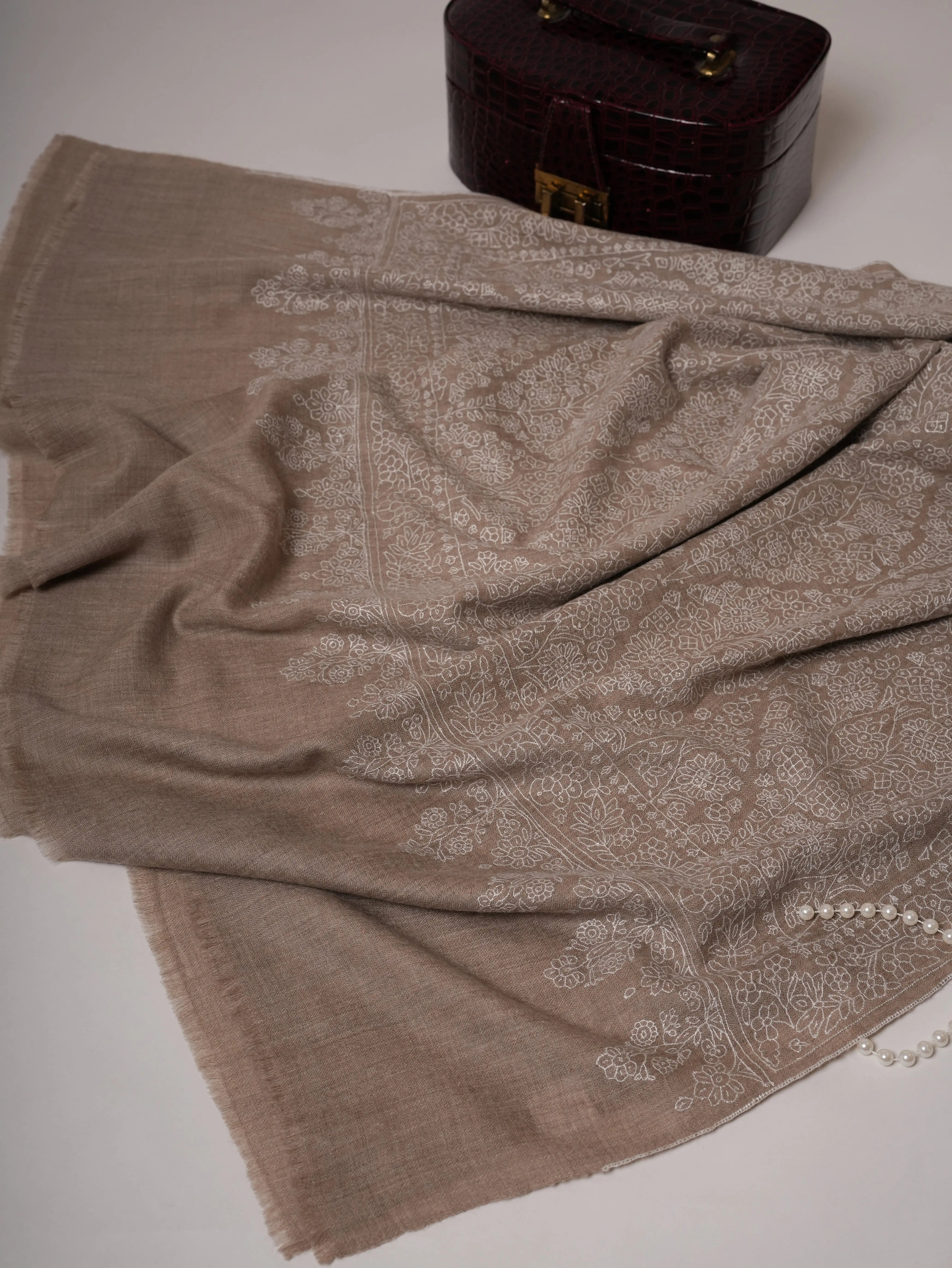 Natural Grey Pashmina Shawl with Jamavar All-Over White Embroidery Shahkaar