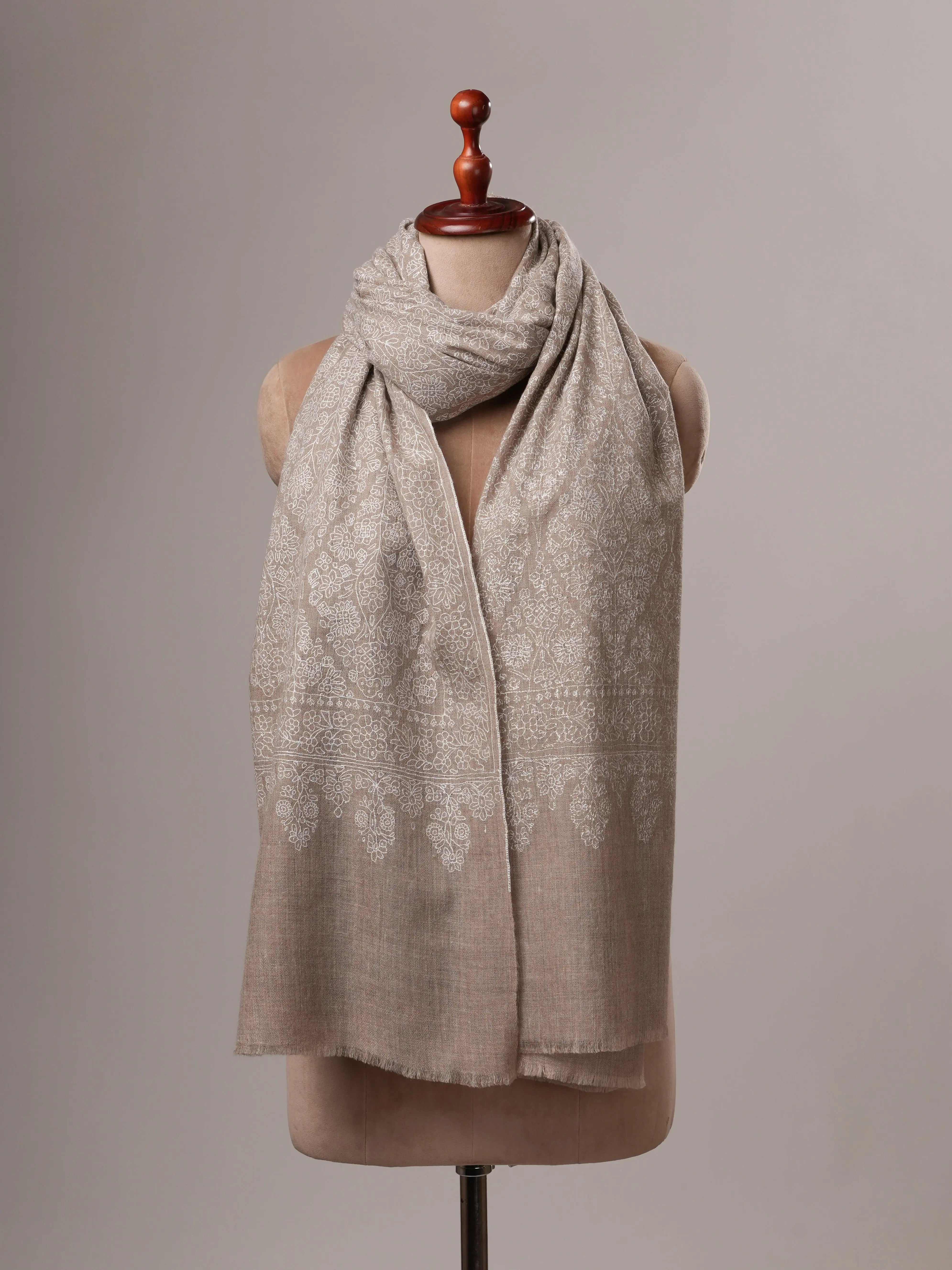 Natural Grey Pashmina Shawl with Jamavar All-Over White Embroidery Shahkaar