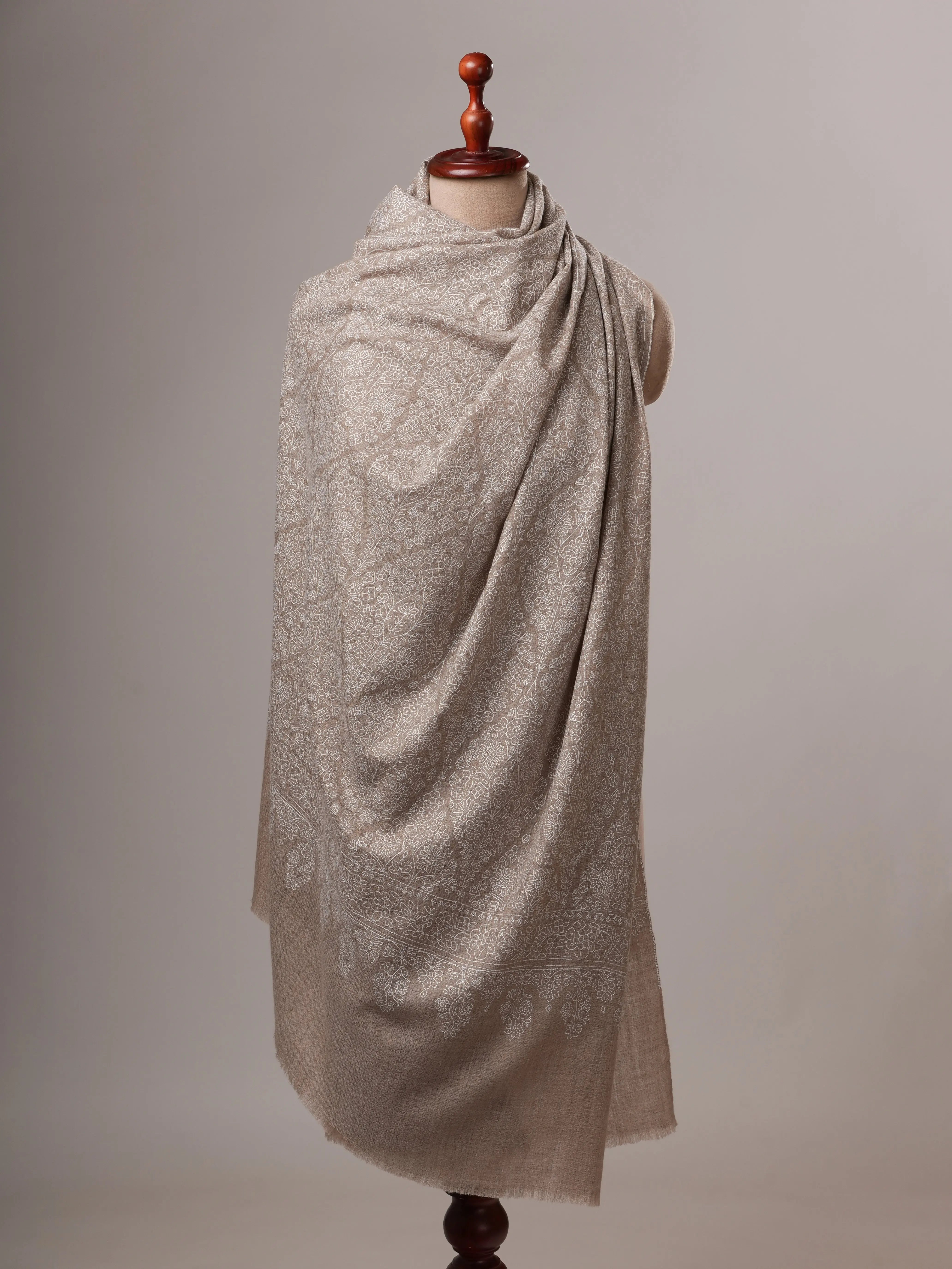 Natural Grey Pashmina Shawl with Jamavar All-Over White Embroidery Shahkaar