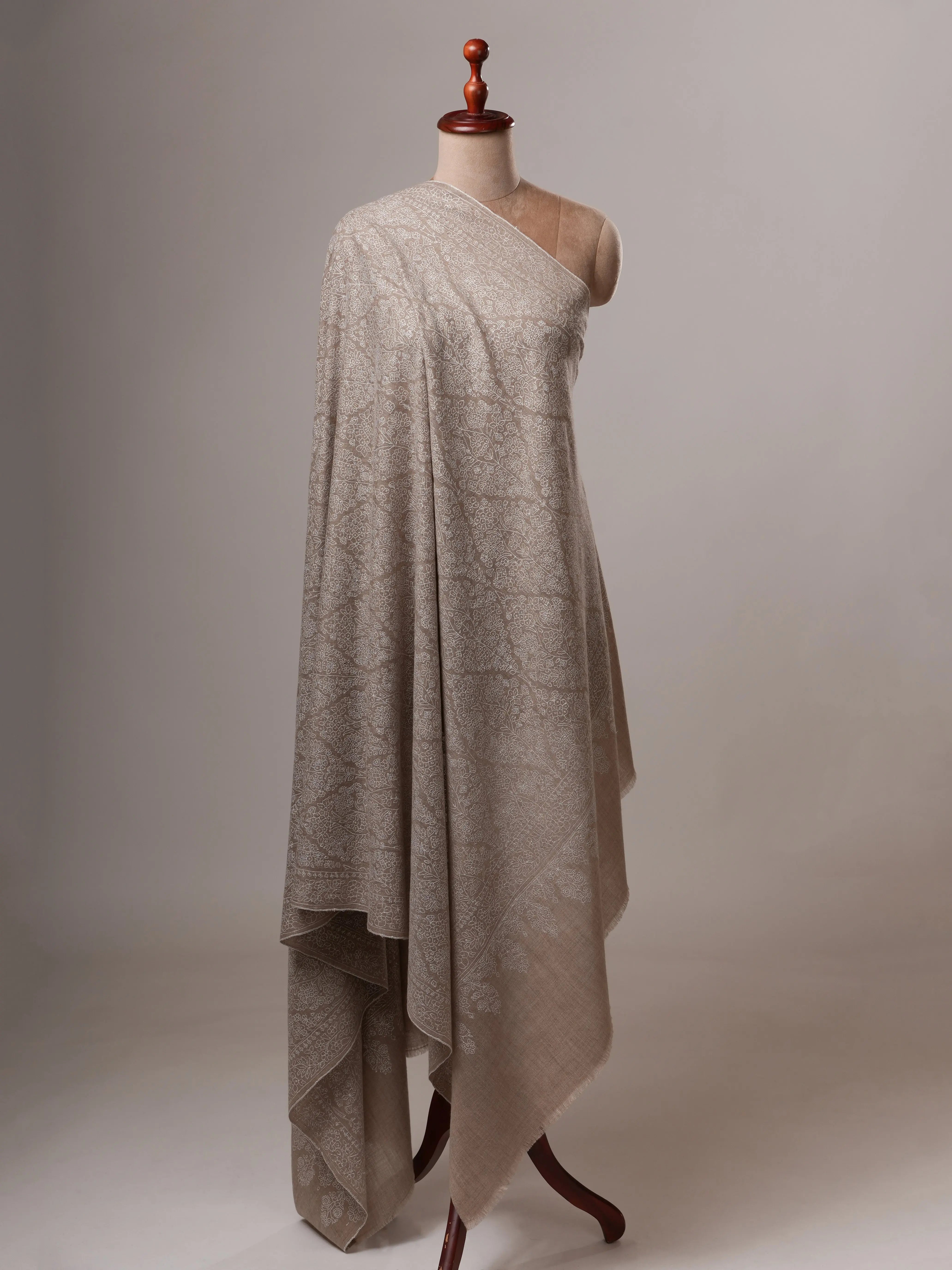 Natural Grey Pashmina Shawl with Jamavar All-Over White Embroidery Shahkaar