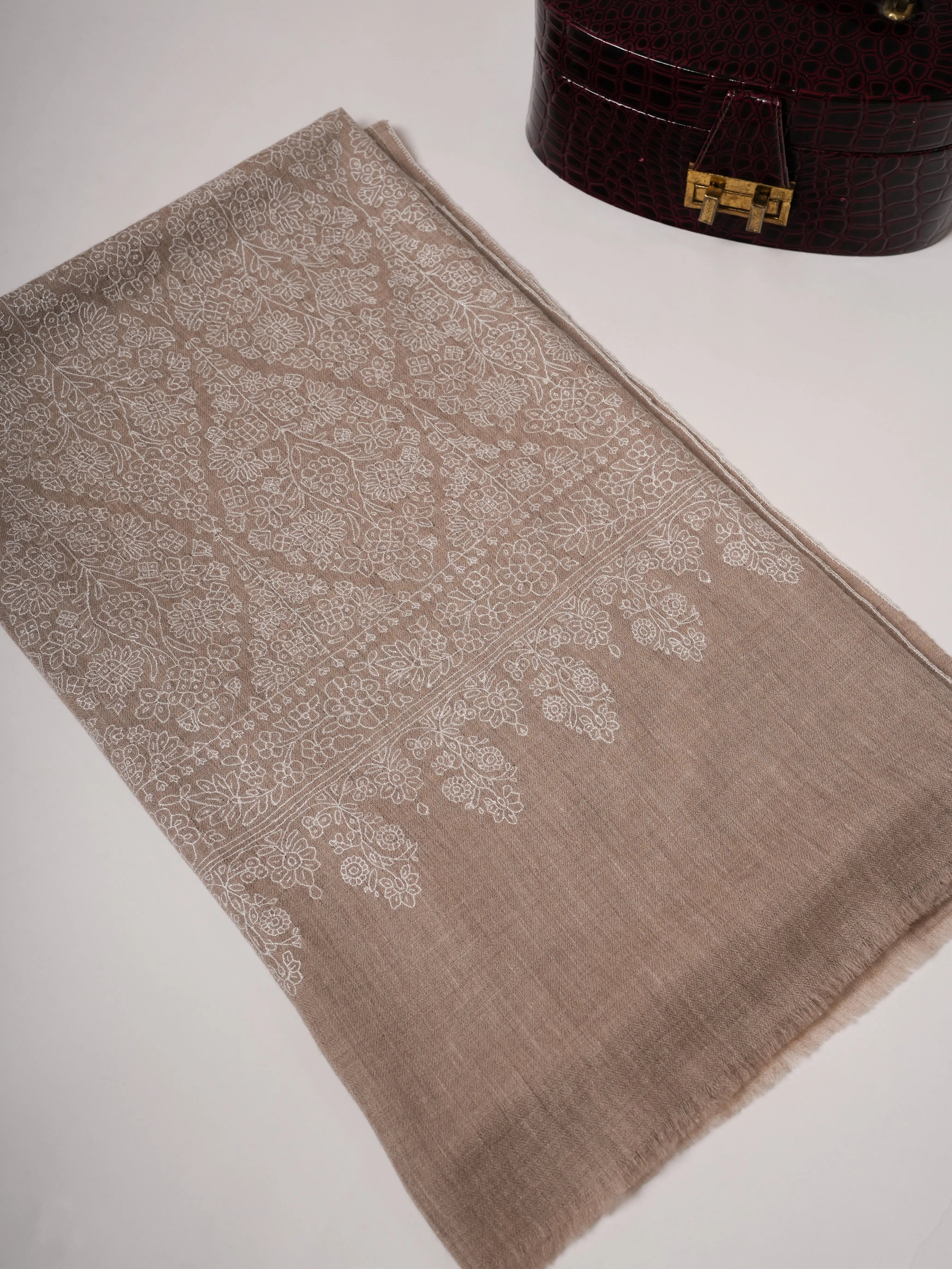 Natural Grey Pashmina Shawl with Jamavar All-Over White Embroidery Shahkaar
