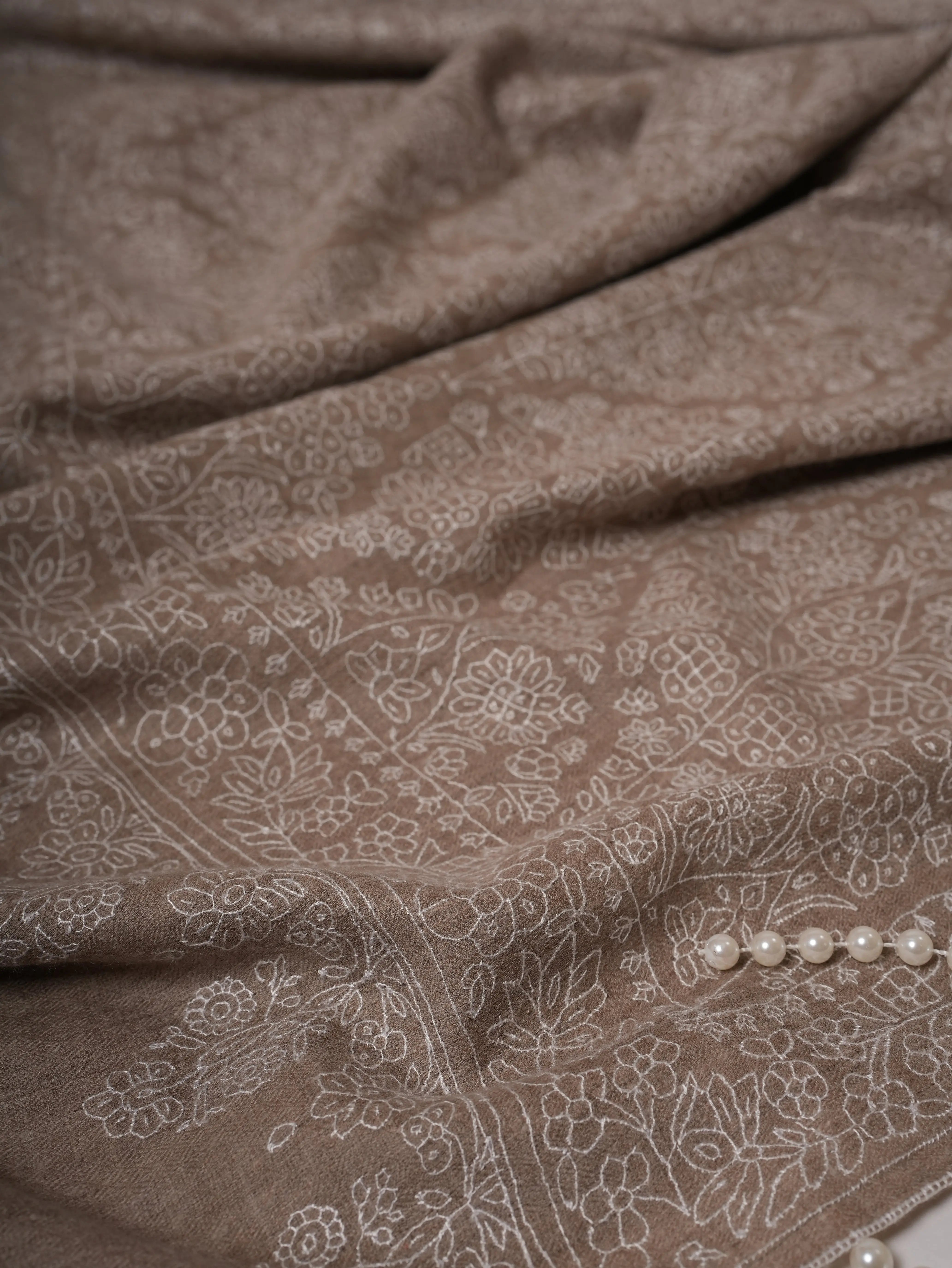 Natural Grey Pashmina Shawl with Jamavar All-Over White Embroidery Shahkaar