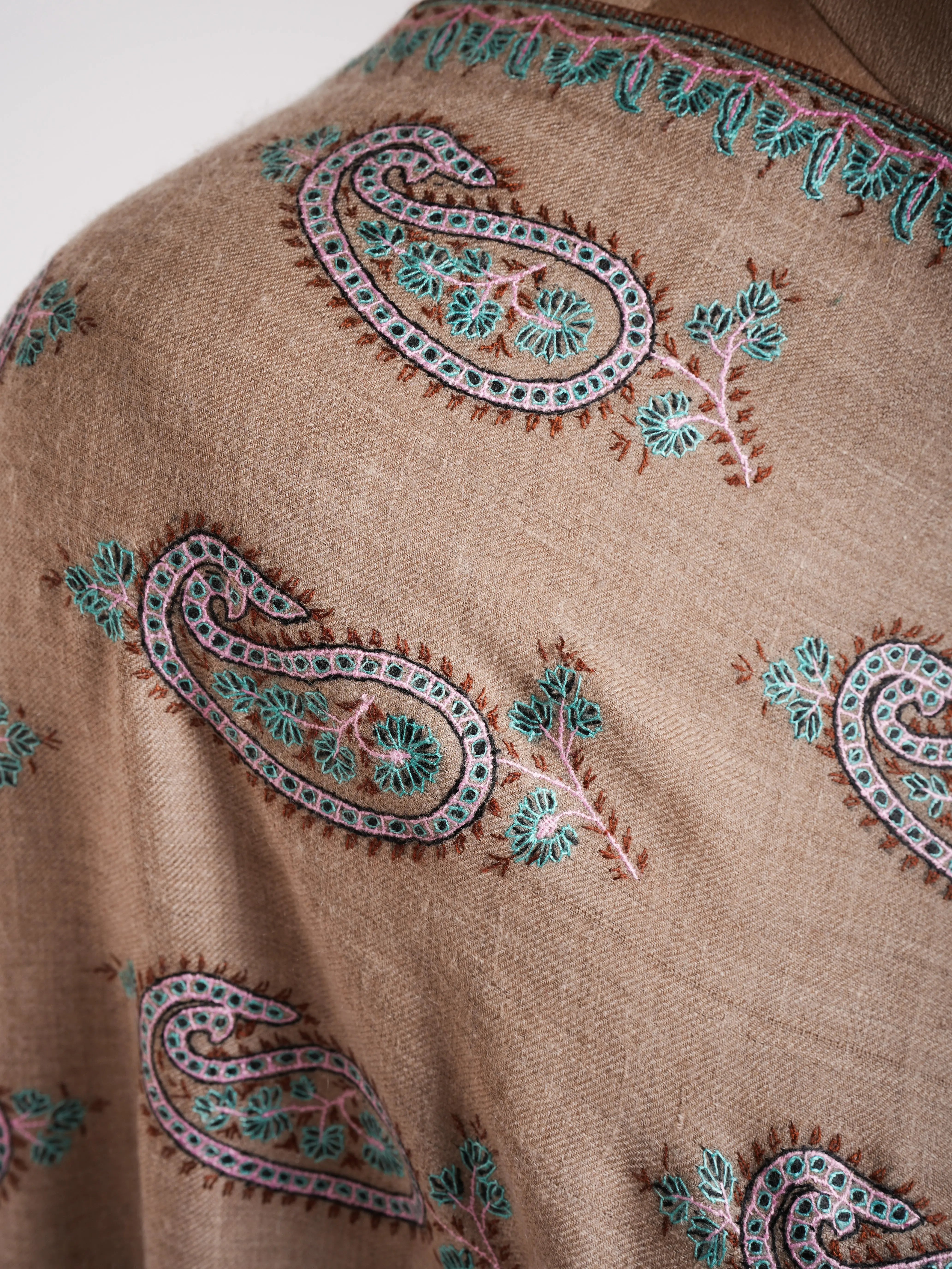 Natural Grey Pashmina Shawl with Paisley Embroidery Shahkaar