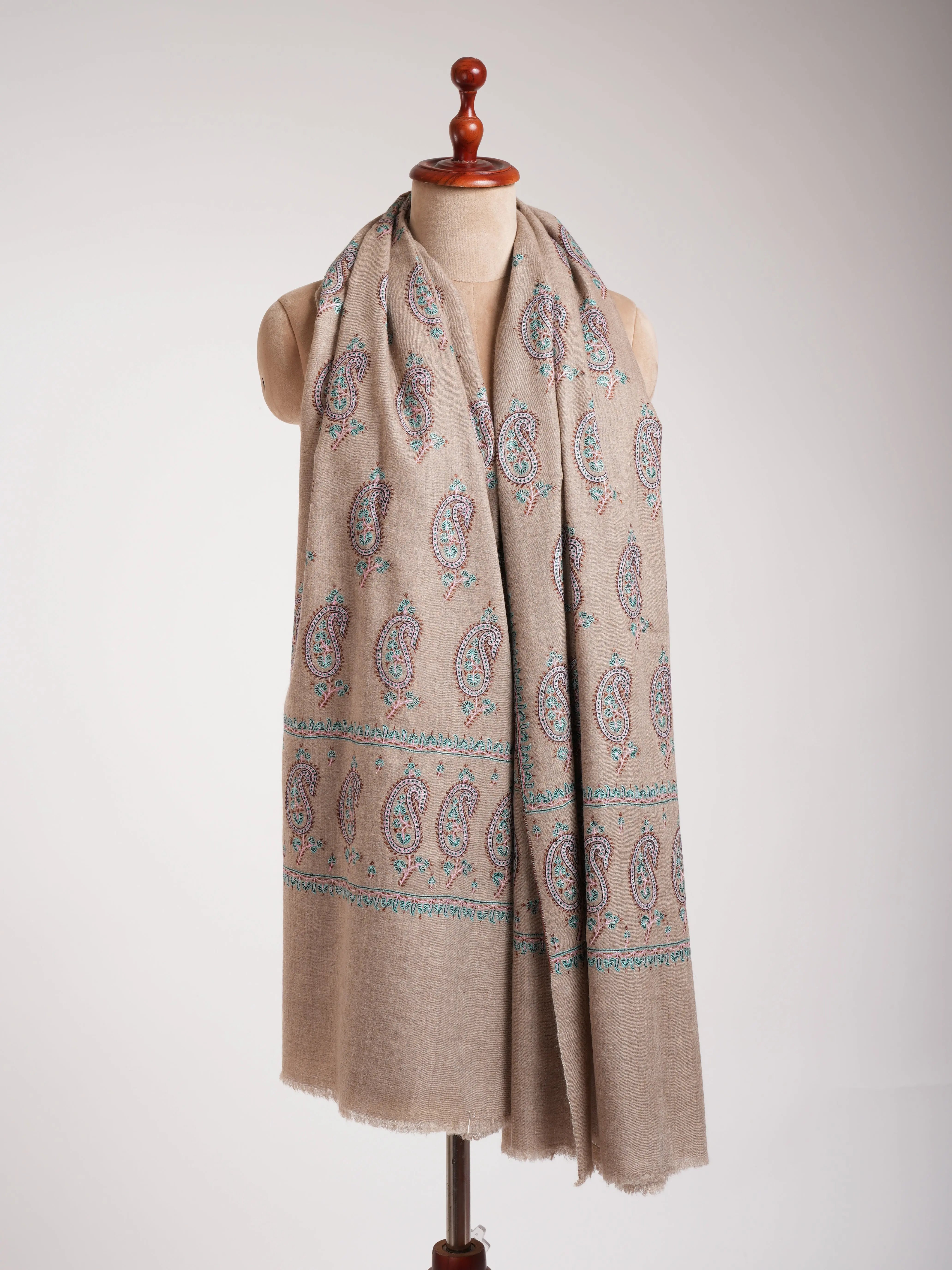 Natural Grey Pashmina Shawl with Paisley Embroidery Shahkaar