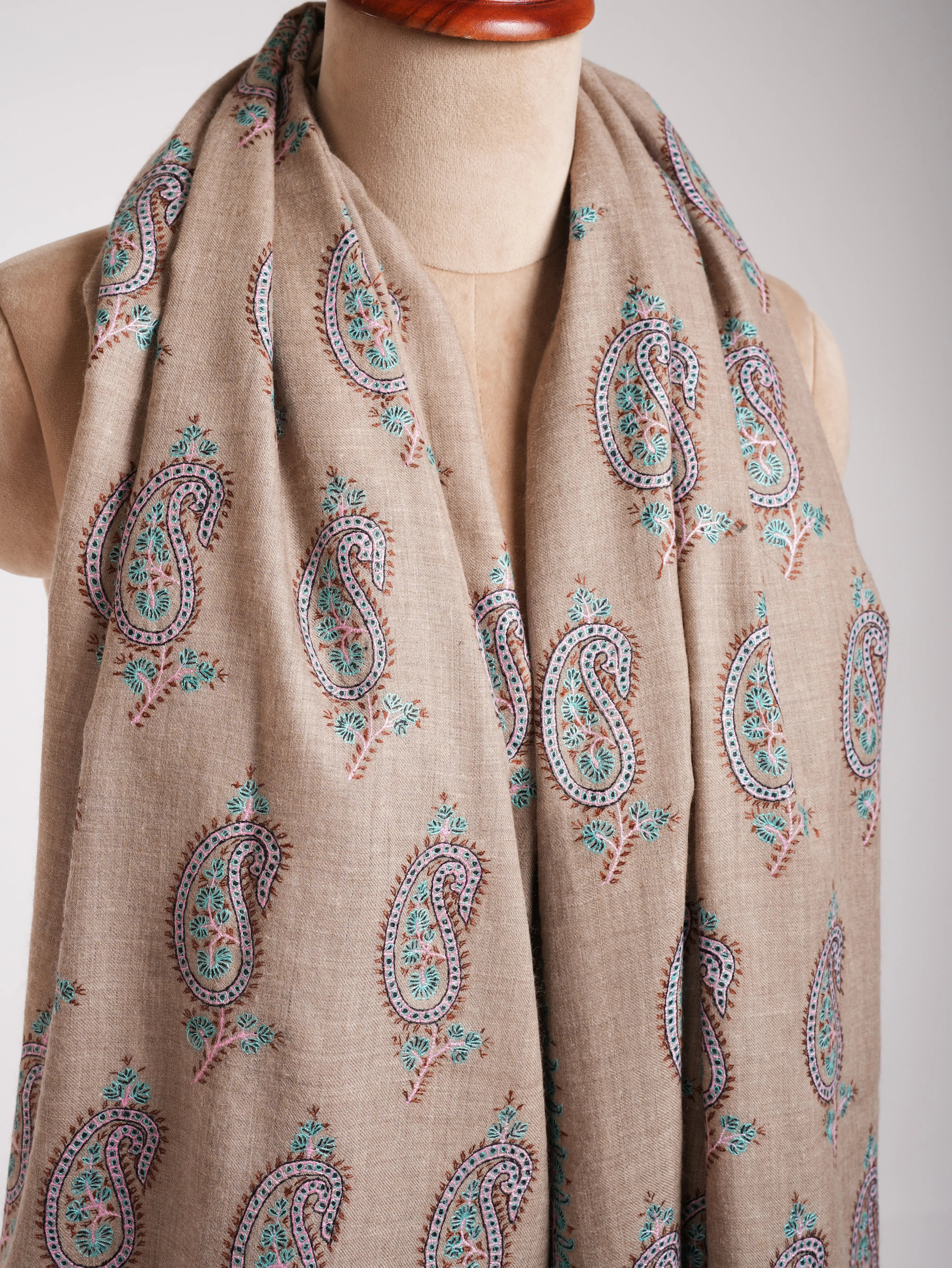 Natural Grey Pashmina Shawl with Paisley Embroidery Shahkaar