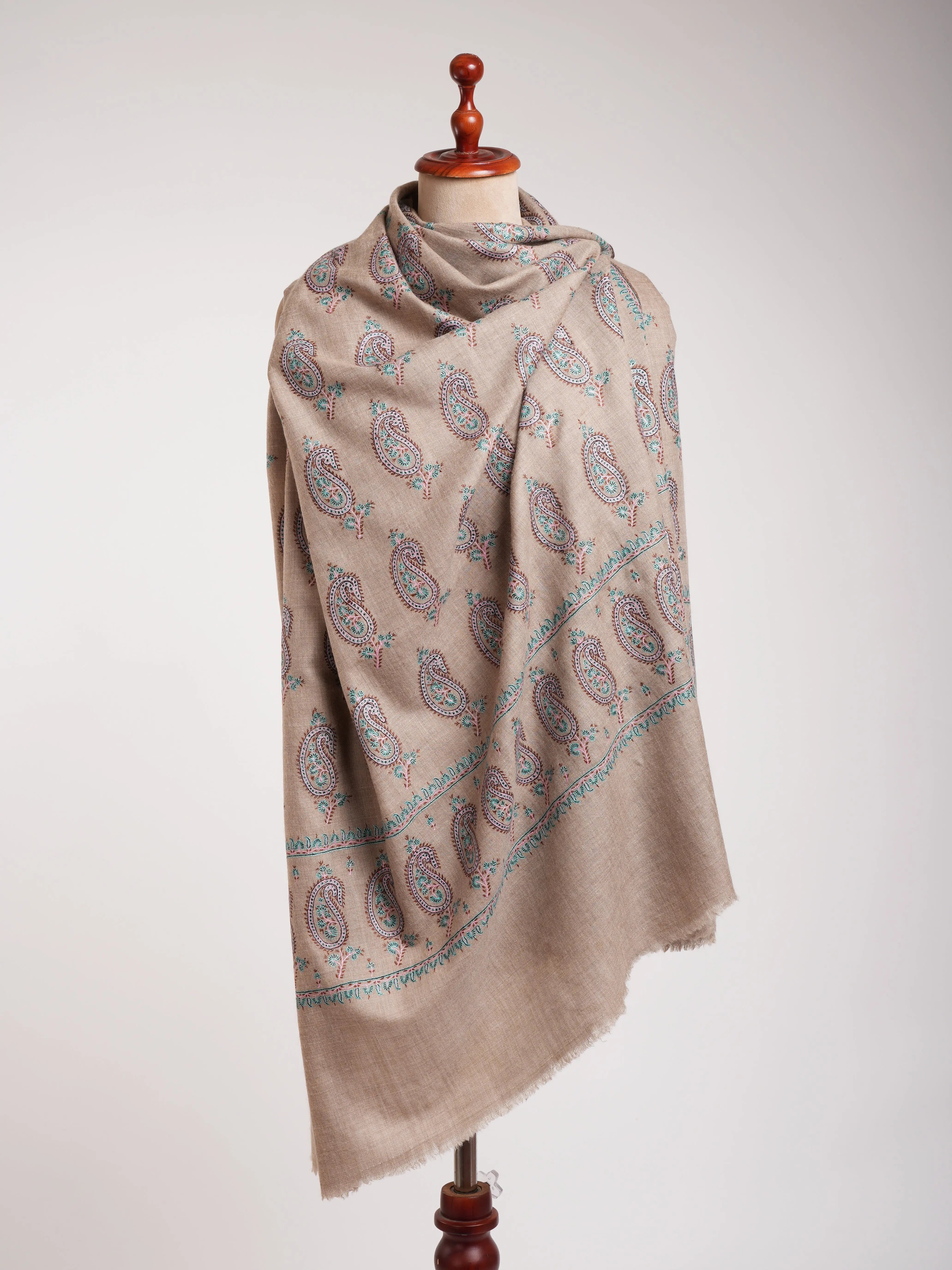 Natural Grey Pashmina Shawl with Paisley Embroidery Shahkaar