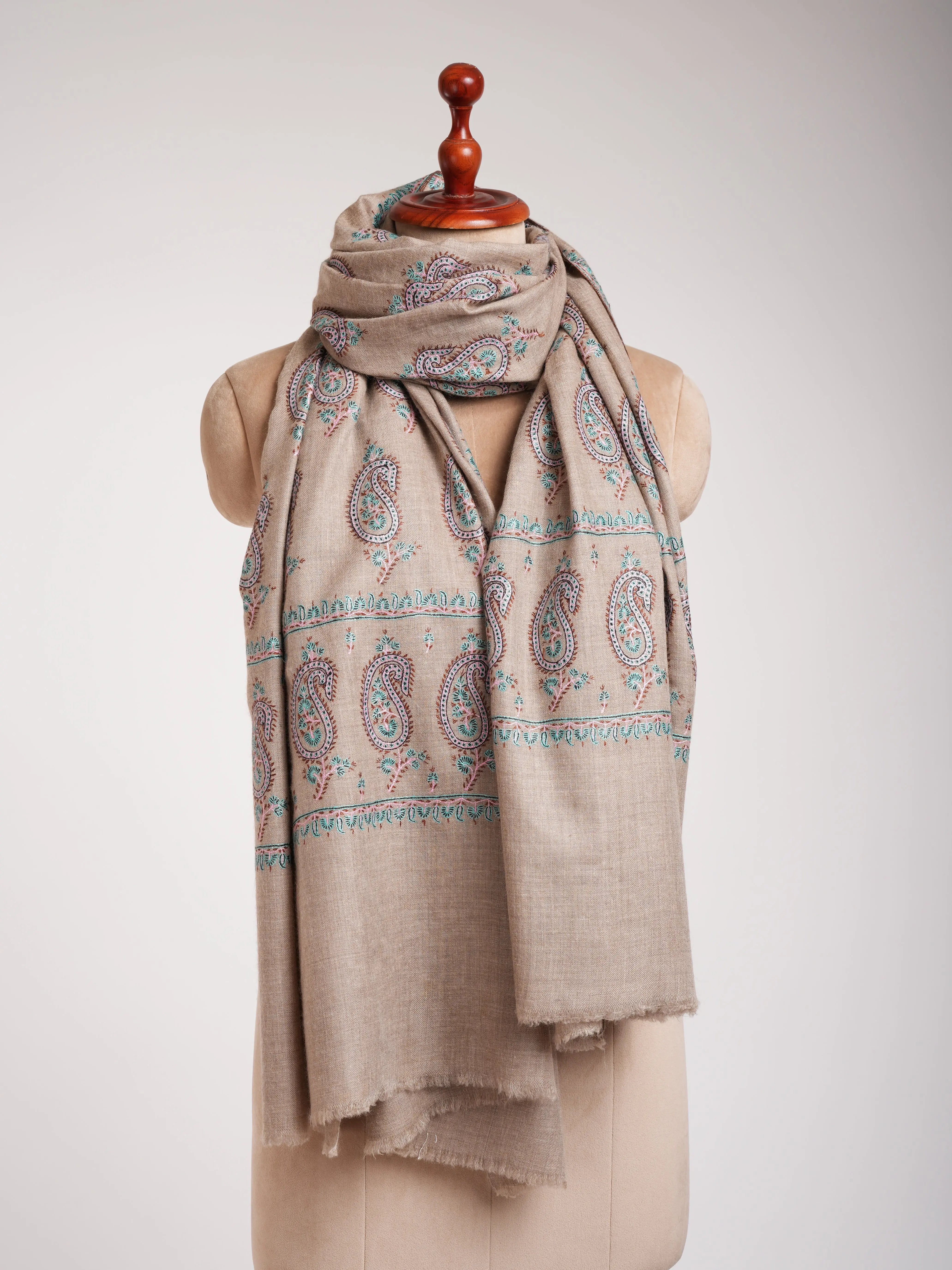 Natural Grey Pashmina Shawl with Paisley Embroidery Shahkaar