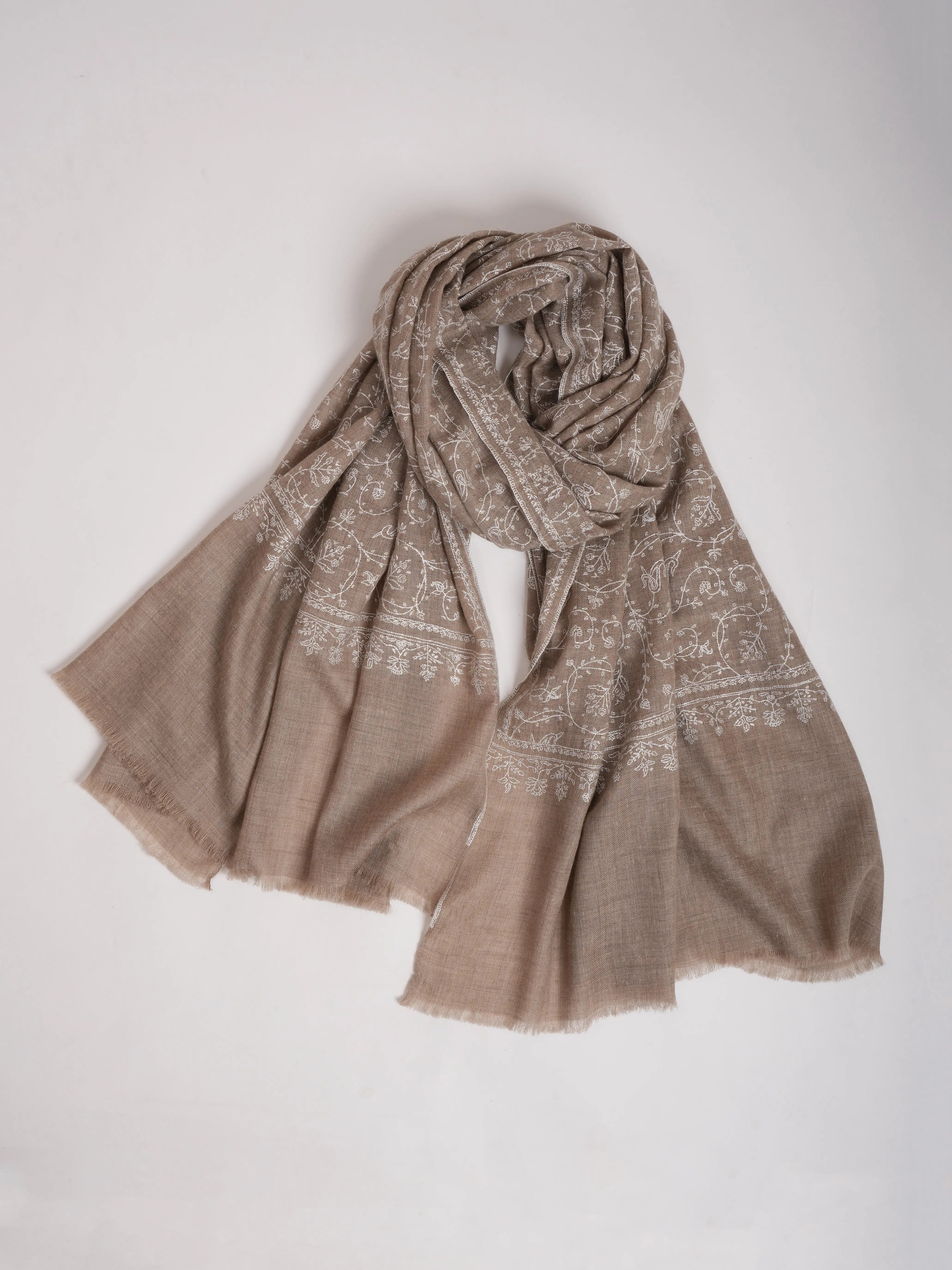 Natural Grey Pashmina Shawl with White Embroidery Shahkaar