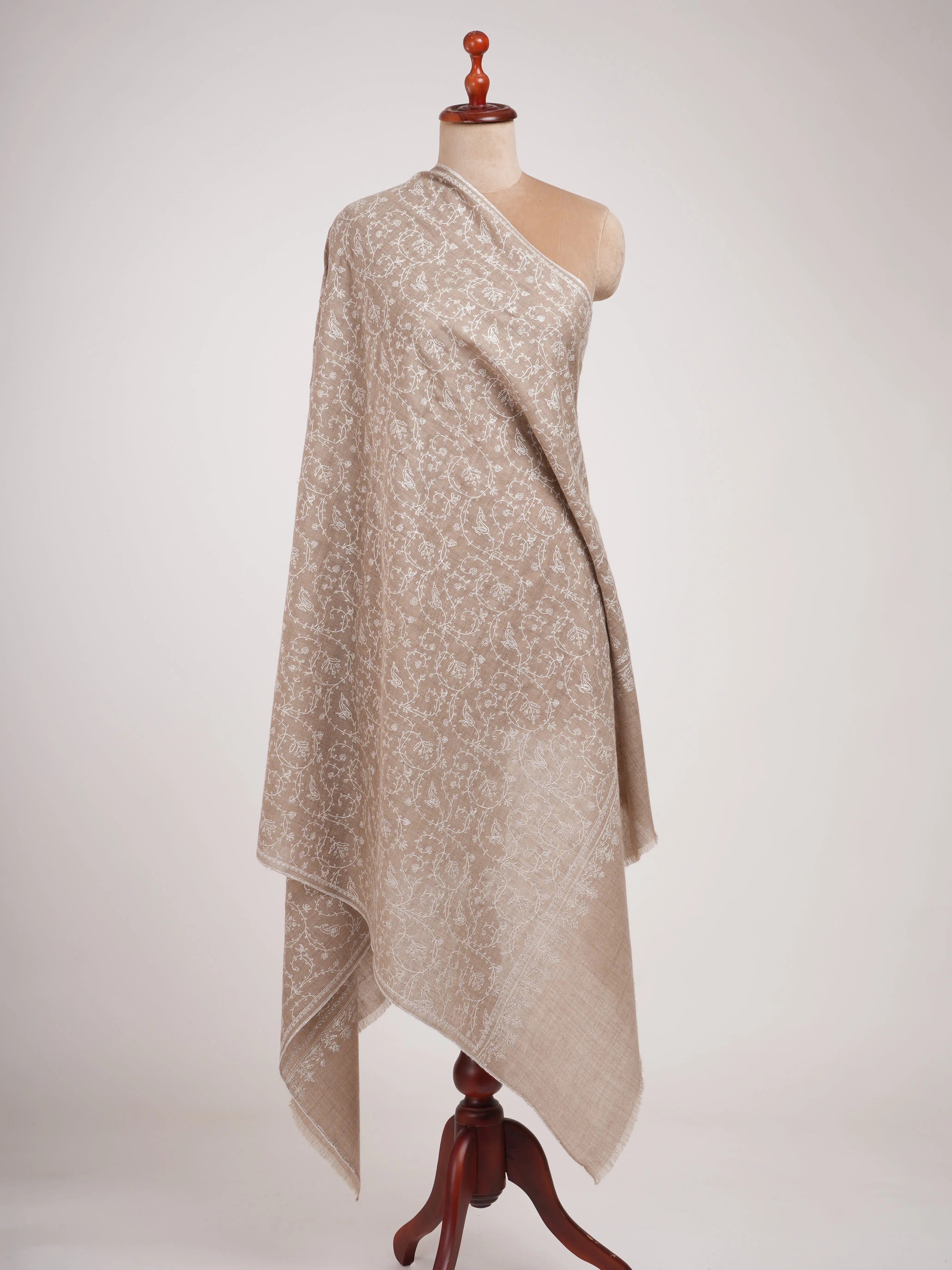Natural Grey Pashmina Shawl with White Embroidery Shahkaar