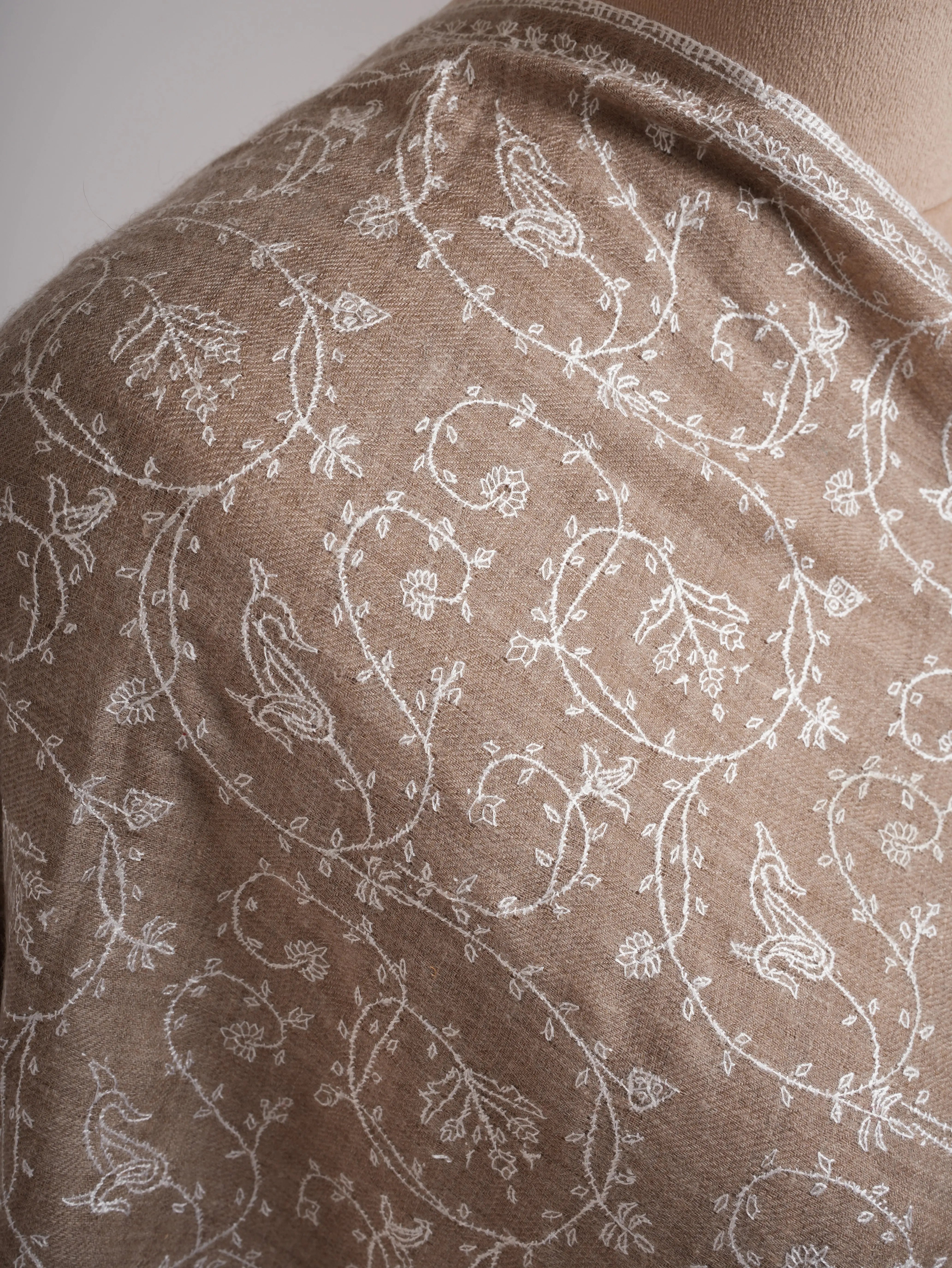 Natural Grey Pashmina Shawl with White Embroidery Shahkaar