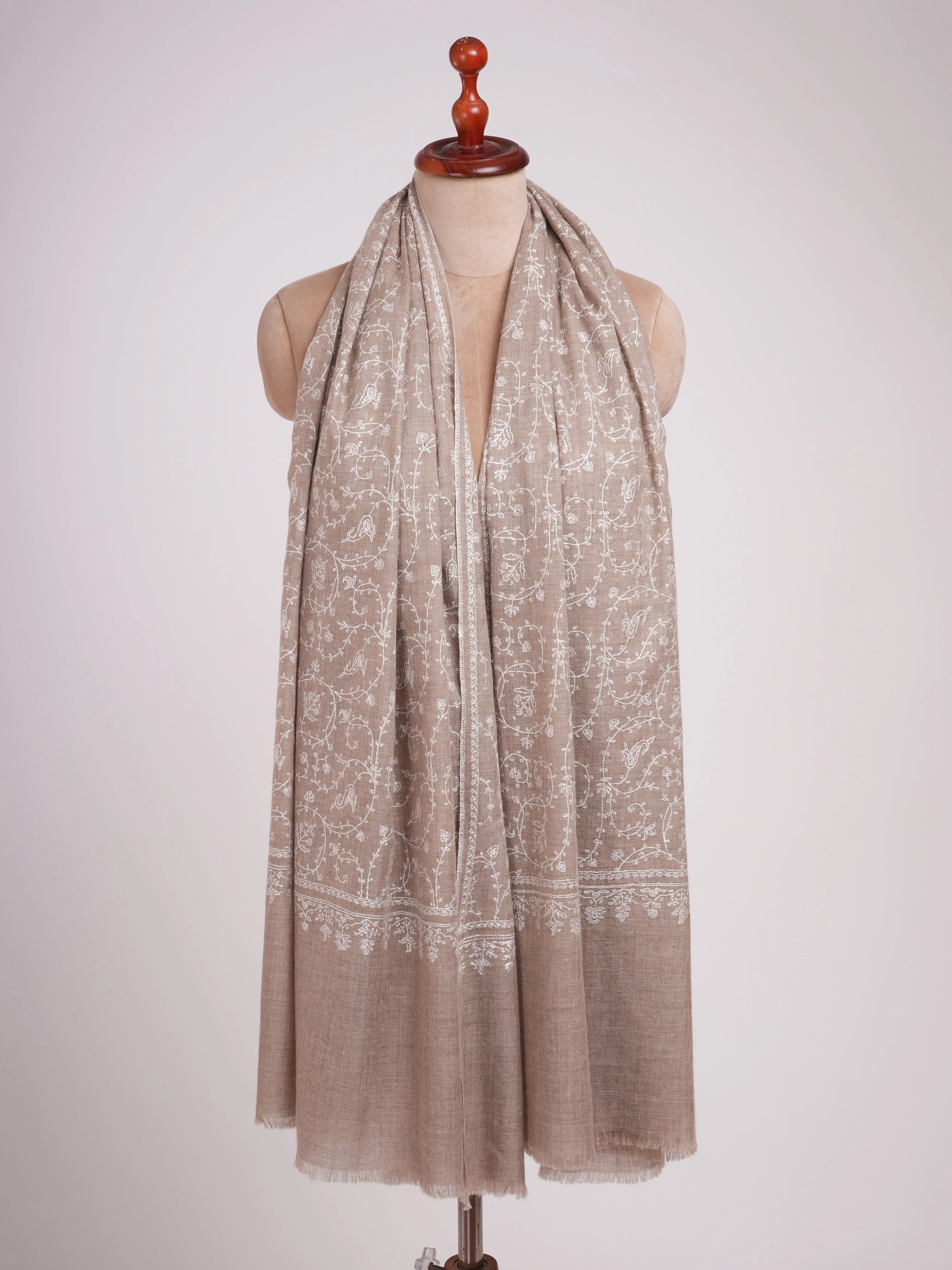 Natural Grey Pashmina Shawl with White Embroidery Shahkaar